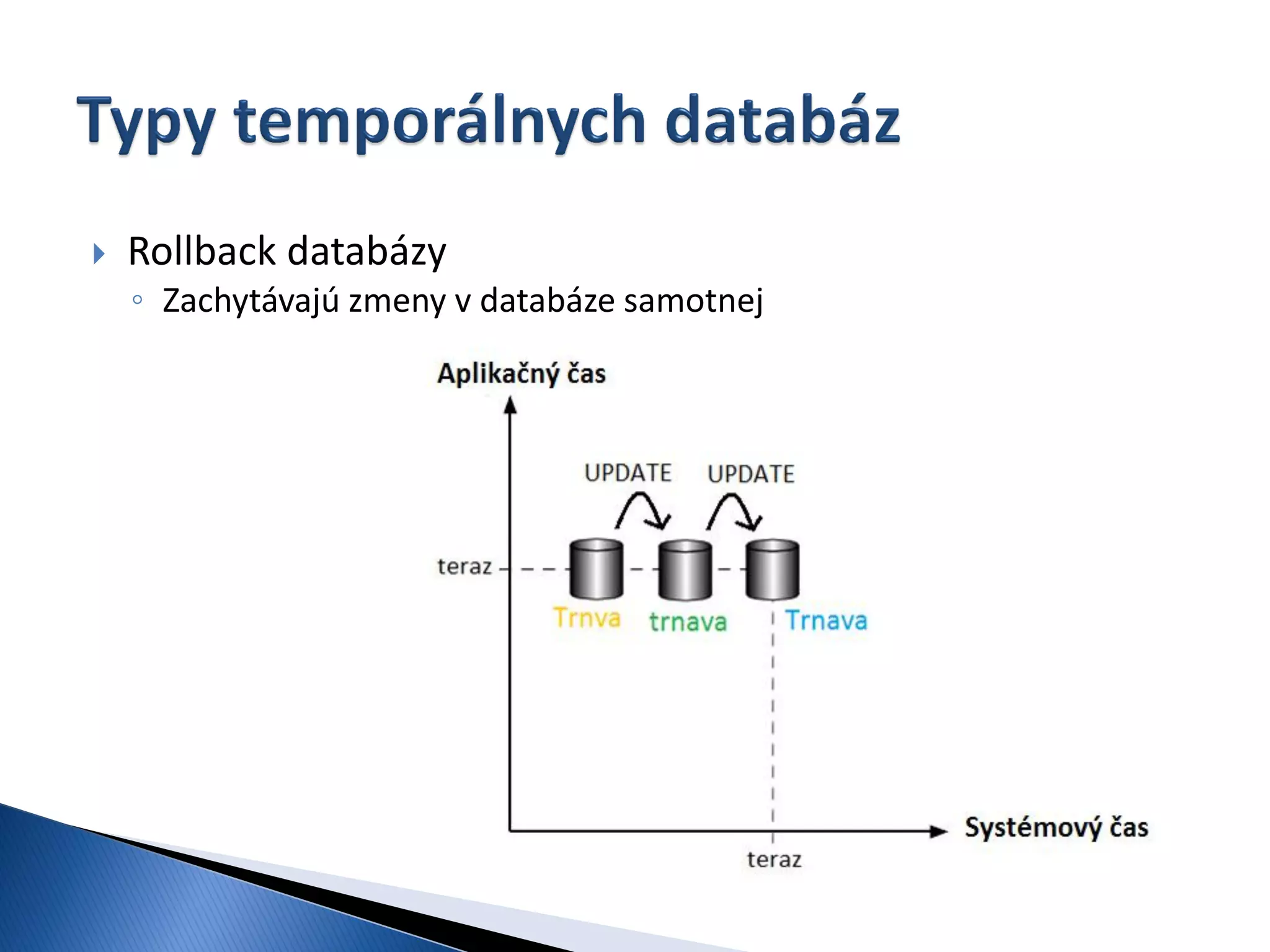   Rollback databázy
    ◦ Zachytávajú zmeny v databáze samotnej
 