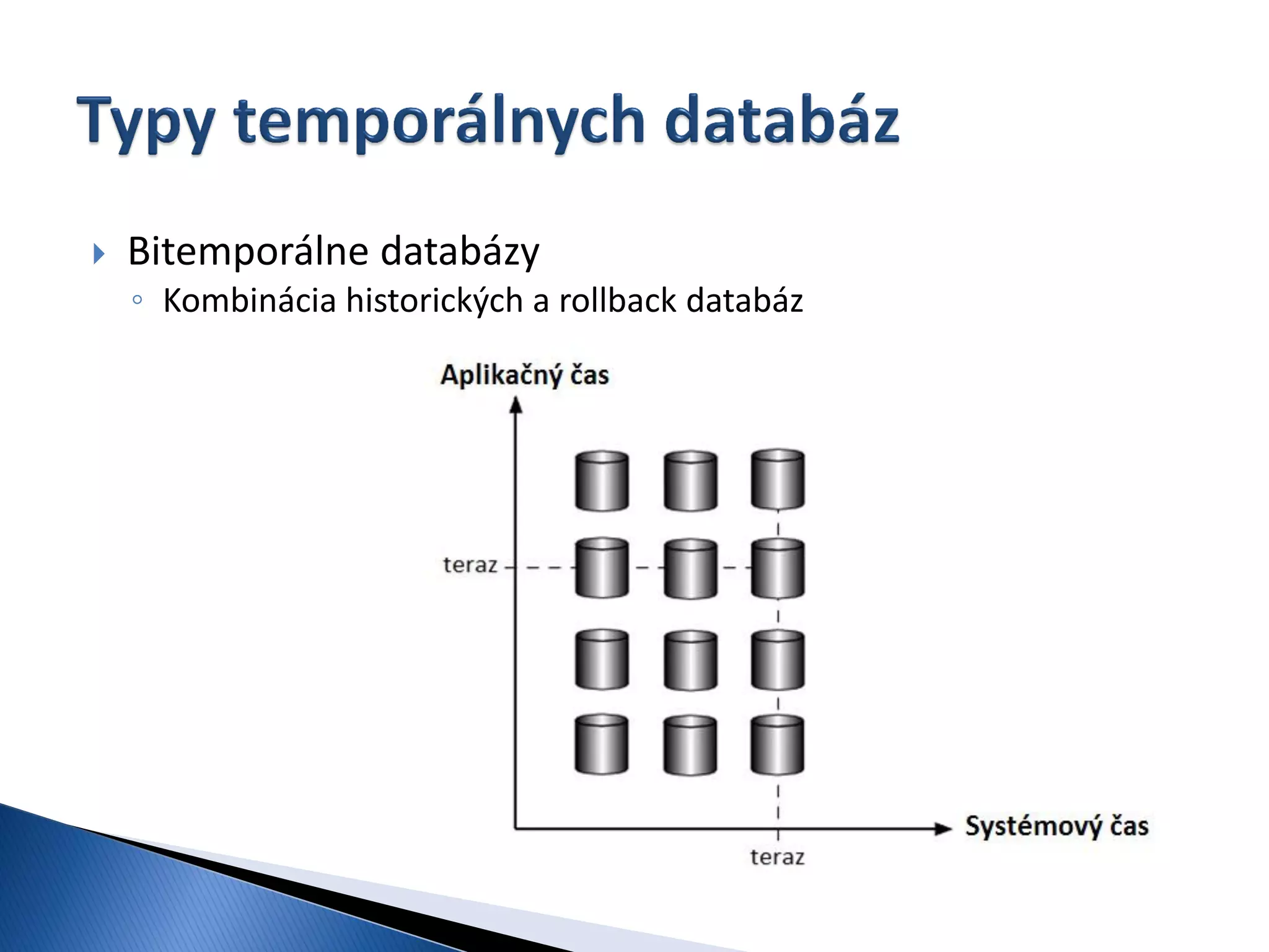    Bitemporálne databázy
    ◦ Kombinácia historických a rollback databáz
 