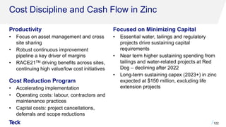 Cost Discipline and Cash Flow in Zinc
Productivity
• Focus on asset management and cross
site sharing
• Robust continuous improvement
pipeline a key driver of margins
• RACE21TM driving benefits across sites,
continuing high value/low cost initiatives
Cost Reduction Program
• Accelerating implementation
• Operating costs: labour, contractors and
maintenance practices
• Capital costs: project cancellations,
deferrals and scope reductions
122
Focused on Minimizing Capital
• Essential water, tailings and regulatory
projects drive sustaining capital
requirements
• Near term higher sustaining spending from
tailings and water-related projects at Red
Dog – declining after 2022
• Long-term sustaining capex (2023+) in zinc
expected at $150 million, excluding life
extension projects
 