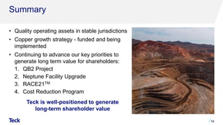 Summary
• Quality operating assets in stable jurisdictions
• Copper growth strategy - funded and being
implemented
• Continuing to advance our key priorities to
generate long term value for shareholders:
1. QB2 Project
2. Neptune Facility Upgrade
3. RACE21TM
4. Cost Reduction Program
Teck is well-positioned to generate
long-term shareholder value
18
 