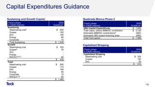 Capital Expenditures Guidance
42
(Teck’s share
in CAD$ millions)
2020
Guidance1
Sustaining
Steelmaking coal2 $ 620
Copper 140
Zinc 190
Energy 85
Corporate 10
Total Sustaining $ 1,045
Growth
Steelmaking coal $ 335
Copper4 35
Zinc -
Energy -
RACE21TM 3 65
$ 435
Total
Steelmaking coal $ 955
Copper 175
Zinc 190
Energy 85
Corporate 10
RACE21TM 65
$ 1,480
(Teck’s share
in CAD$ millions)
2020
Guidance1
QB2 Capital Expenditures $ 1,650
Total capex, before SMM/SC contribution $ 3,130
Estimated SMM/SC contributions5 (660)
Estimated QB2 project financing draw (990)
Total Teck spend $ 1,480
Quebrada Blanca Phase 2
(Teck’s share
in CAD$ millions)
2020
Guidance1
Capitalized Stripping
Steelmaking coal $ 325
Copper 140
Zinc 50
$ 515
Capitalized Stripping
Sustaining and Growth Capital
 