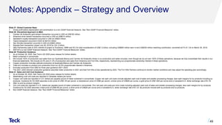 Notes: Appendix – Strategy and Overview
Slide 37: Global Customer Base
1. Gross profit before depreciation and amortization is a non-GAAP financial measure. See “Non-GAAP Financial Measures” slides.
Slide 38: Disciplined Approach to M&A
1. Carmen de Andacollo gold stream transaction occurred in USD at US$162 million.
2. Antamina silver stream transaction occurred in USD at US$610 million.
3. Sandstorm royalty transaction occurred in USD at US$22 million.
4. Teena transaction occurred in AUD at A$10.6 million.
5. San Nicolàs transaction occurred in USD at US$50 million.
6. Waneta Dam transaction closed July 26, 2018 for C$1.2 billion.
7. QB2 Partnership (sale of 30% interest of project to Sumitomo; SMM and SC) for total consideration of US$1.2 billion, including US$800 million earn-in and US$400 million matching contribution; converted at FX of 1.34 on March 29, 2019.
8. EBITDA is a non-GAAP financial measure. See “Non-GAAP Financial Measures” slides.
Slide 40: Production Guidance
1. As at October 26, 2020. See Teck’s Q3 2020 press release for further details.
2. Metal contained in concentrate.
3. We include 100% of production and sales from our Quebrada Blanca and Carmen de Andacollo mines in our production and sales volumes, even though we do not own 100% of these operations, because we fully consolidate their results in our
financial statements. We include 22.5% and 21.3% of production and sales from Antamina and Fort Hills, respectively, representing our proportionate ownership interest in these operations.
4. Copper production includes cathode production at Quebrada Blanca and Carmen de Andacollo.
5. Total zinc includes co-product zinc production from our 22.5% proportionate interest in Antamina.
6. Excludes production from QB2 for three-year guidance 2021–2023.
7. The 2021–2023 bitumen production guidance assumes lower production in 2021 and that Fort Hills is fully operational by 2023. The Fort Hills Partners continue to monitor market conditions and may adjust the operating plan accordingly.
Slide 41: Sales and Unit Cost Guidance
1. As at October 26, 2020. See Teck’s Q3 2020 press release for further details.
2. Steelmaking coal unit costs are reported in Canadian dollars per tonne.
3. Copper unit costs are reported in U.S. dollars per payable pound of metal contained in concentrate. Copper net cash unit costs include adjusted cash cost of sales and smelter processing charges, less cash margins for by-products including co-
products. Guidance for H2 2020 assumes a zinc price of US$1.04 per pound, a molybdenum price of US$8 per pound, a silver price of US$26 per ounce, a gold price of US$1,925 per ounce and a Canadian/U.S. dollar exchange rate of $1.33.
4. After co and by-product margins.
5. Zinc unit costs are reported in U.S. dollars per payable pound of metal contained in concentrate. Zinc net cash unit costs are mine costs including adjusted cash cost of sales and smelter processing charges, less cash margins for by-products.
Guidance for H2 2020 assumes a lead price of US$0.86 per pound, a silver price of US$26 per ounce and a Canadian/U.S. dollar exchange rate of $1.33. By-products include both by-products and co-products.
6. Non-GAAP financial measure. See “Non-GAAP Financial Measures” slides.
49
 