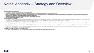 Notes: Appendix – Strategy and Overview
Slide 42: Capital Expenditures Guidance
1. As at October 26, 2020. See Teck’s Q3 2020 press release for further details.
2. Steelmaking coal sustaining capital guidance includes $285 million of water treatment capital. 2019 includes $176 million of water treatment capital.
3. RACE21TM capital expenditures for 2020 include $50 million relating to steelmaking coal, $5 million relating to copper, $5 million relating to zinc and the remainder relating to corporate projects. We also expect to spend approximately $130
million on RACE21TM for research and innovation expenses and intangible assets in 2020.
4. Copper growth guidance for 2020 includes studies for QB3, Zafranal, San Nicolás and Galore Creek.
5. Total SMM and SC contributions were $1.7 billion.
Slide 43: Commodity Price Leverage
1. As at October 26, 2020. The sensitivity of our annual profit attributable to shareholders and EBITDA to changes in the Canadian/U.S. dollar exchange rate and commodity prices, before pricing adjustments, based on our current balance sheet,
our reinstated 2020 mid-range production estimates, current commodity prices and a Canadian/U.S. dollar exchange rate of $1.32. See Teck’s Q3 2020 press release for further details.
2. All production estimates are subject to change based on market and operating conditions.
3. The effect on our profit attributable to shareholders and on EBITDA of commodity price and exchange rate movements will vary from quarter to quarter depending on sales volumes. Our estimate of the sensitivity of profit and EBITDA to changes
in the U.S. dollar exchange rate is sensitive to commodity price assumptions.
4. Zinc includes 310,000 tonnes of refined zinc and 580,000 tonnes of zinc contained in concentrate.
5. Bitumen volumes from our energy business unit. Estimated profit and EBITDA sensitivities are based on Fort Hills’ production levels of approximately 120,000 barrels per day and not based on 2020 mid-range production estimate of 8.6 million
barrels of bitumen.
6. Our WTI oil price sensitivity takes into account our interest in Fort Hills for respective change in revenue, partially offset by the effect of the change in diluent purchase costs as well as the effect on the change in operating costs across our
business units, as our operations use a significant amount of diesel fuel.
Slide 46: Strong Track Record of Returning Cash to Shareholders
1. From January 1, 2003 to September 30, 2020. Free cash flow is a non-GAAP financial measure. See “Non-GAAP Financial Measures” slides.
50
 
