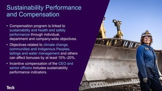 Sustainability Performance
and Compensation
• Compensation program is linked to
sustainability and health and safety
performance through individual,
department and company-wide objectives.
• Objectives related to climate change,
communities and Indigenous Peoples,
tailings and water management and others
can affect bonuses by at least 10%–20%.
• Incentive compensation of the CEO and
senior officers includes sustainability
performance indicators.
66
 