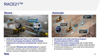 RACE21TM
71
• Unify and modernize Teck’s core systems
• Establish technology foundation that facilitates
deployment of Connect and Automate reliably and at
scale
• For example: Wireless site infrastructure to support
automation, sensing, site communications, information
access, pit-to-port integration and advanced analytics
• Accelerate and scale autonomy program
• Transformational shift in safety
• Reduce per-tonne mining costs with smaller fleets
• Provide innovation platform to enable implementation
of advanced analytics to drive cycle time improvement
& predictive maintenance
Renew Automate
 