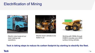 Electrification of Mining
Teck is taking steps to reduce its carbon footprint by starting to electrify the fleet.
74
Electric crew buses at our
steel making coal
operations.
Electric boom vehicles to be
tested in pit.
Working with OEMs through
ICMM to develop zero-GHG
surface mining vehicles
 
