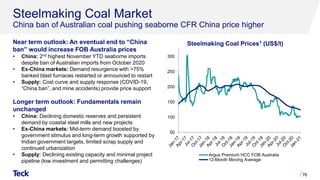 Steelmaking Coal Market
China ban of Australian coal pushing seaborne CFR China price higher
Near term outlook: An eventual end to “China
ban” would increase FOB Australia prices
• China: 2nd highest November YTD seaborne imports
despite ban of Australian imports from October 2020
• Ex-China markets: Demand resurgence with >75%
banked blast furnaces restarted or announced to restart
• Supply: Cost curve and supply response (COVID-19,
“China ban”, and mine accidents) provide price support
Longer term outlook: Fundamentals remain
unchanged
• China: Declining domestic reserves and persistent
demand by coastal steel mills and new projects
• Ex-China markets: Mid-term demand boosted by
government stimulus and long-term growth supported by
Indian government targets, limited scrap supply and
continued urbanization
• Supply: Declining existing capacity and minimal project
pipeline (low investment and permitting challenges)
76
Steelmaking Coal Prices1 (US$/t)
50
100
150
200
250
300
Argus Premium HCC FOB Australia
12-Month Moving Average
 