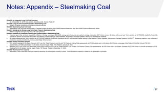 Notes: Appendix – Steelmaking Coal
Slide 88: An Integrated Long Life Coal Business
1. As at December 31, 2019,Teck portion, excluding oxide. Source: Teck AIF.
Slide 89: Long Life with Growth Potential in Steelmaking Coal
1. Subject to market conditions and obtaining relevant permits.
Slide 90: Steelmaking Coal Unit Costs
1. Steelmaking coal unit costs are reported in Canadian dollars per tonne. Non-GAAP financial measures. See “Non-GAAP Financial Measures” slides.
Slide 91: Setting Up for Strong Long-Term Cash Flows in Steelmaking Coal
1. Reflects weighted average strip ratio of all coal operations.
Slide 92: Investing In Production Capacity and Productivities in Steelmaking Coal
1. Historical spend has not been adjusted for inflation or foreign exchange. 2020-2024 average spend assumes annualized average production of 27 million tonnes. All dollars referenced are Teck’s portion net of POSCAN credits for Greenhills
Operations at 80% and excludes the portion of sustaining capital relating to water treatment, Autonomous Haulage Systems, RACE21TM and Neptune Terminal.
2. All dollars referenced are Teck’s portion net of POSCAN credits for Greenhills Operations at 80% and excludes capital relating to the Neptune Facility Upgrade, Autonomous Haulage Systems, RACE21TM. Sustaining capital is now inclusive of
production capacity investments previous called Major Enhancement.
Slide 94: Quality and Basis Spreads
1. HCC price is average of the Argus Premium HCC Low Vol, Platts Premium Low Vol and TSI Premium Coking Coal assessments, all FOB Australia and in US dollars. SHCC price is average of the Platts HCC 64 Mid Vol and TSI HCC
assessments, all FOB Australia and in US dollars. Source: Argus, Platts, TSI. Plotted to January 6, 2021.
2. Seaborne HCC CFR China price is average of the Argus Premium HCC Low Vol, Platts Premium Low Vol and TSI Premium Coking Coal assessments, all CFR China and in US dollars. Domestic HCC CFR China is Liulin #4 normalized to CFR
Jingtang Port in US dollars. Source: Argus, Platts, TSI, Sxcoal. Plotted to December 31, 2020.
Slide 95: West Coast Port Capacity
1. Represents Teck’s total west coast port capacity assuming all contracts are currently in place. Teck’s Westshore capacity is based on an agreement in principle.
97
 