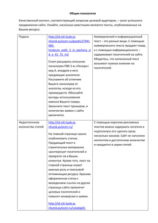 Общие показатели
Качественный контент, соответствующий запросам целевой аудитории, – залог успешного
продвижения сайта. Узнайте, насколько уместными являются тексты, опубликованные на
Вашем ресурсе.
Подача http://td-siti-lyuks-g-
irkutsk.pulscen.ru/goods/27441
685-
linoleum_pvkh_3_m_pechora_vi
d_a_41_72_m2
Стоит расширить описание
линолеума ПВХ 3 м «Печора»
вид А, внедрив в него
продающие усилители.
Расскажите об отличиях
Вашего линолеума от
аналогов, исходя из его
преимуществ. Обоснуйте
выгоды использования
именно Вашего товара.
Закончите текст призывом, и
количество заявок с сайта
увеличится.
Коммерческий и информационный
текст – это разные вещи. С помощью
коммерческого текста продают товар,
а с помощью информационного –
задерживают посетителей на сайте.
Убедитесь, что написанный текст
возымеет нужное влияние на
посетителей.
Недостаточное
количество статей
http://td-siti-lyuks-g-
irkutsk.pulscen.ru/
На главной странице нужно
опубликовать статью.
Продающий текст о
строительных материалах
заинтересует посетителей и
превратит их в Ваших
клиентов. Кроме того, текст на
главной странице играет
важную роль в поисковой
оптимизации ресурса. Красиво
оформленная статья с
вхождением ссылок на другие
страницы сайта привлечет
целевых посетителей и
повысит конверсию в заявки.
http://td-siti-lyuks-g-
irkutsk.pulscen.ru/catalog/k-
С помощью коротких рекламных
текстов можно задержать читателя и
подтолкнуть его сделать cразу
несколько заказов. Сайт не наполнен
контентом в достаточном количестве
и нуждается в серии статей.
 