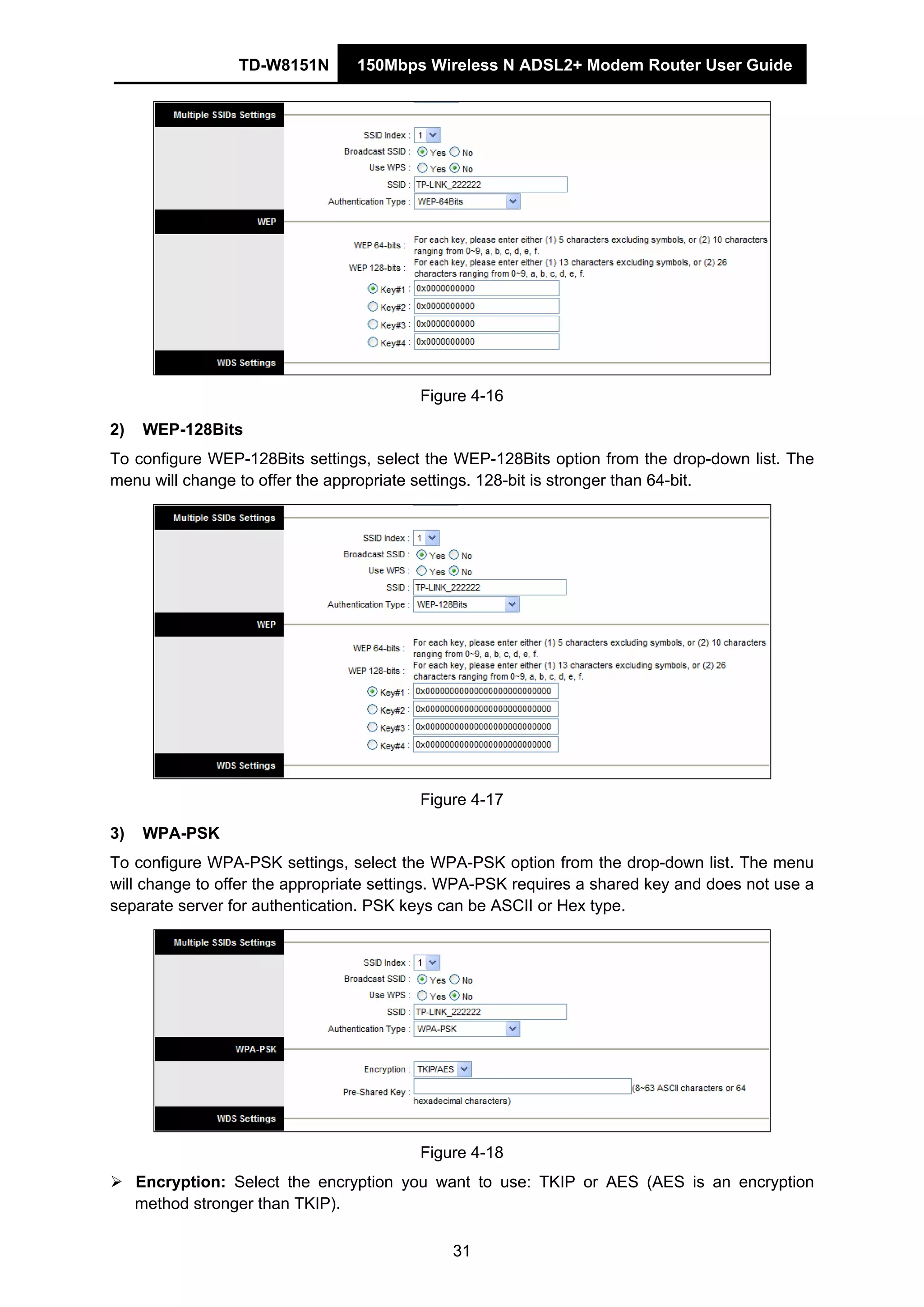 TD-W8151N 150Mbps Wireless N ADSL2+ Modem Router User Guide
31
Figure 4-16
2) WEP-128Bits
To configure WEP-128Bits settings, select the WEP-128Bits option from the drop-down list. The
menu will change to offer the appropriate settings. 128-bit is stronger than 64-bit.
Figure 4-17
3) WPA-PSK
To configure WPA-PSK settings, select the WPA-PSK option from the drop-down list. The menu
will change to offer the appropriate settings. WPA-PSK requires a shared key and does not use a
separate server for authentication. PSK keys can be ASCII or Hex type.
Figure 4-18
Encryption: Select the encryption you want to use: TKIP or AES (AES is an encryption
method stronger than TKIP).
 
