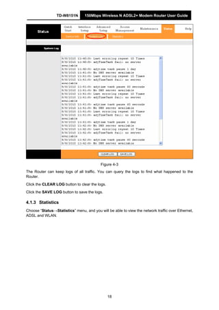 TD-W8151N 150Mbps Wireless N ADSL2+ Modem Router User Guide
18
Figure 4-3
The Router can keep logs of all traffic. You can query the logs to find what happened to the
Router.
Click the CLEAR LOG button to clear the logs.
Click the SAVE LOG button to save the logs.
4.1.3 Statistics
Choose “Status→Statistics” menu, and you will be able to view the network traffic over Ethernet,
ADSL and WLAN.
 