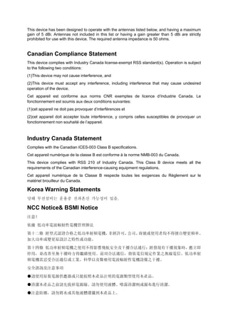 This device has been designed to operate with the antennas listed below, and having a maximum
gain of 5 dBi. Antennas not included in this list or having a gain greater than 5 dBi are strictly
prohibited for use with this device. The required antenna impedance is 50 ohms.
Canadian Compliance Statement
This device complies with Industry Canada license-exempt RSS standard(s). Operation is subject
to the following two conditions:
(1)This device may not cause interference, and
(2)This device must accept any interference, including interference that may cause undesired
operation of the device.
Cet appareil est conforme aux norms CNR exemptes de licence d’Industrie Canada. Le
fonctionnement est soumis aux deux conditions suivantes:
(1)cet appareil ne doit pas provoquer d’interférences et
(2)cet appareil doit accepter toute interférence, y compris celles susceptibles de provoquer un
fonctionnement non souhaité de l’appareil.
Industry Canada Statement
Complies with the Canadian ICES-003 Class B specifications.
Cet appareil numérique de la classe B est conforme à la norme NMB-003 du Canada.
This device complies with RSS 210 of Industry Canada. This Class B device meets all the
requirements of the Canadian interference-causing equipment regulations.
Cet appareil numérique de la Classe B respecte toutes les exigences du Règlement sur le
matériel brouilleur du Canada.
Korea Warning Statements
당해 무선설비는 운용중 전파혼신 가능성이 있음.
NCC Notice& BSMI Notice
注意！
依據 低功率電波輻射性電機管理辦法
第十二條 經型式認證合格之低功率射頻電機，非經許可，公司、商號或使用者均不得擅自變更頻率、
加大功率或變更原設計之特性或功能。
第十四條 低功率射頻電機之使用不得影響飛航安全及干擾合法通行；經發現有干擾現象時，應立即
停用，並改善至無干擾時方得繼續使用。前項合法通信，指依電信規定作業之無線電信。低功率射
頻電機需忍受合法通信或工業、科學以及醫療用電波輻射性電機設備之干擾。
安全諮詢及注意事項
●請使用原裝電源供應器或只能按照本產品注明的電源類型使用本產品。
●清潔本產品之前請先拔掉電源線。請勿使用液體、噴霧清潔劑或濕布進行清潔。
●注意防潮，請勿將水或其他液體潑灑到本產品上。 　
 