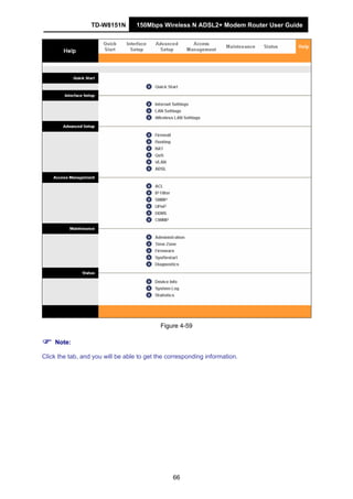 TD-W8151N 150Mbps Wireless N ADSL2+ Modem Router User Guide
66
Figure 4-59
Note:
Click the tab, and you will be able to get the corresponding information.
 