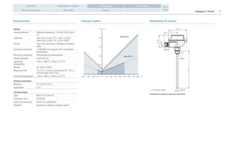 Omnigrad T TST487 3
Application / FunctionOverview
Electrical connection Price table Contact
Go to
shop
DimensionsTechnical data
Technical data Dimensions (in inches)
Sensor
Sensing element Platinum resistance, 1×Pt100 (100 Ω at 0
°C)
Tolerance Class A acc. to IEC 751: -50 to +250 °C
Class B acc. to IEC 751: 250 to 300°C
Wiring Four-wire connection, fiberglass insulated
cable
Insulation resistance ≥ 100 MΩ, test voltage 250 V at ambient
temperature
Electrical connection Flying leads or terminal block
Sheath diameter 6 mm (0.24)
Operating
temperature
-50 to +300 °C (-58 to +572 °F)
Sheath SS 316L/1.440 4
Response time T50/3.5 s; T90/8 s; according to IEC 751, in
moving water at 0.4 m/s
Ambient temperature -40 to +100 °C (-40 to +212 °F)
Process connection
Material SS 316Ti/1.4571
Connection G ½
Terminal head
Type DIN 43 729 form B
Protection class IP 66/68
Electrical connection M20×1.5, cable gland
Material Aluminum, polyester powder coated
L
4.23
2.76
1.1
3.2
0.6
Ø 0.24
G ½
welded
L = Immersion length
Installation according to operation instructions
Tolerance values
2.5
400
Class B (ºC)
Class A (ºC)
ºC
Ω
350300250200150100500-50-100-150-200
2.0
1.5
1.0
0.5
 