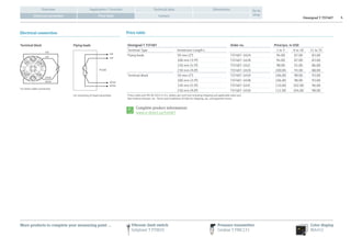 Omnigrad T TST487 4
Application / FunctionOverview Technical data Dimensions
Contact
Go to
shopPrice tableElectrical connection
Price table
More products to complete your measuring point …
Electrical connection
red
white
white
red
Terminal block
For direct cable connection
red
red
white
Pt100
white
For mounting of head transmitter
Flying leads Omnigrad T TST487 Order no. Price/pcs. in USD
Terminal Type Immersion Length L 1 to 5 6 to 10 11 to 35
Flying leads 50 mm (2) TST487-1A2A 94.00 87.00 83.00
100 mm (3.9) TST487-1A2B 94.00 87.00 83.00
150 mm (5.9) TST487-1A2C 98.00 91.00 86.00
250 mm (9.8) TST487-1A2D 100.00 93.00 88.00
Terminal block 50 mm (2) TST487-1A3A 106.00 98.00 93.00
100 mm (3.9) TST487-1A3B 106.00 98.00 93.00
150 mm (5.9) TST487-1A3C 110.00 102.00 96.00
250 mm (9.8) TST487-1A3D 112.00 104.00 98.00
Prices valid until 09.30.2013 in U.S. dollars per unit (not including shipping and applicable sales tax).
See Endress+Hauser, Inc. Terms and Conditions of Sale for shipping, tax, and payment terms.
Complete product information:
www.e-direct.us/tst487
Vibronic limit switch
Soliphant T FTM20
Pressure transmitter
Cerabar T PMC131
Color display  
RIA452
 