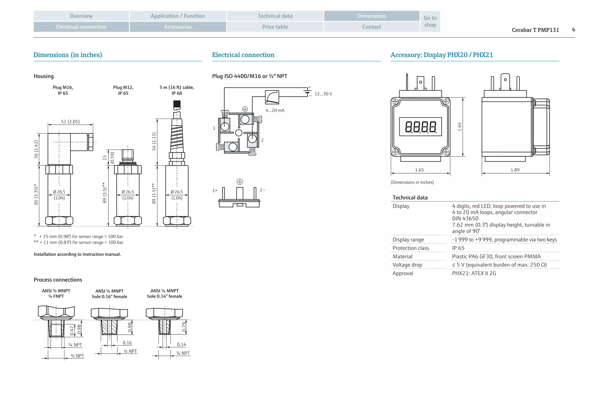 Cerabar T PMP131 4Contact
Application / FunctionOverview Technical data
Price table
Go to
shopAccessoriesElectrical connection
Dimensions
Dimensions (in inches) Electrical connection Accessory: Display PHX20 / PHX21
12...30 V
4...20 mA
1+ 2–
1
2
–
+
Plug ISO 4400/M16 or ½" NPT
1.65
1.65
(Dimensions in inches)
1.89
Technical data
Display 4 digits, red LED, loop powered to use in
4 to 20 mA loops, angular connector
DIN 43650
7.62 mm (0.3") display height, turnable in
angle of 90°
Display range -1 999 to +9 999, programmable via two keys
Protection class IP 65
Material Plastic PA6 GF30, front screen PMMA
Voltage drop ≤ 5 V (equivalent burden of max. 250 Ω)
Approval PHX21: ATEX II 2G
36(1.42)
15
(0.59)
85(3.35)*
89(3.5)**
54(2.13)89(3.5)**
Ø 26.5
(1.04)
Ø 26.5
(1.04)
Ø 26.5
(1.04)
52 (2.05)
Plug M16,
IP 65
5 m (16 ft) cable,
IP 68
Plug M12,
IP 65
* + 25 mm (0.98") for sensor range > 100 bar
** + 21 mm (0.83") for sensor range > 100 bar
Installation according to instruction manual.
Housing
ANSI ½ MNPT
¼ FNPT
Process connections
½ NPT
½ NPT
¼ NPT
¼ NPT
0.140.16
0.47
0.98
0.98
0.79
ANSI ½ MNPT
hole 0.16” female
ANSI ¼ MNPT
hole 0.14” female
 