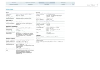 Cerabar T PMC131 3Contact
Application / FunctionOverview Dimensions
Electrical connection Accessories Price table
Go to
shop
Technical data
Technical data
Output
Output signal 1 or 2×PNP or 1 PNP with 4 to 20 mA
Function Min., max. window
Voltage drop PNP ≤ 2 V
Overload protection Automatic testing of switching current
Power supply Ub
Supply voltage 12 to 30 V DC
Current consumption Without load < 60 mA, reverse polarity
protection
Performance characteristics
Reference conditions According to DIN IEC 60770/61003
Measured error < 0.5 %
Long-term drift ≤ 0.15 % per year
Sensor response time ≤ 20 ms
Analog output Non-linearity: ≤ 0.2 % (limit point method)
non-conformity: non-linearity + hysteresis +
non-repeatability: ≤ 0.5 % (limit point
method)
Operating conditions
Medium temperature -40 to +212 °F (-40 to +100 °C)
Ambient temperature -40 to 185 °F (-40 to +85 °C)
Storage temperature -40 to 185 °F (-40 to +85 °C)
Degree of protection M16×1.5 valve plug: IP 65
M12×1 connector: IP65 (gauge press.), IP66
(absolute press.)
Cable: IP 66
Vibration resistance 20 g to DIN 68-2-6 (10-2000 Hz)
EMC Interference emission as per EN 61326 class
B electrical equipment, interference
immunity as per EN 61326 appendix A
(industrial use)
Materials
Process connection G ½ A to DIN 16288
Housing AISI 316L, with electronically polished
surface Ra ≤ 0.8 µm
Valve plug Polyamide (PA)
M12×1 connector Outside 316L
Cable outer covering Polyurethane (PUR)
Materials in contact with medium
Process connection AISI 316L
Coupling nut AISI 304
Sensor diaphragm PTC31: Ceramic (99,9 % Al2O3)
PTP31: AISI 316L
Filling fluid PTC31: dry ceramic measuring cell
PTP31: mineral oil
Seals FKM Viton
EPDM (only PTP31)
Operation
Operating elements 3 buttons or PC and software
Approvals
Desina compliant
Sensors for O2-applications (only PTC31) or with 3.1. certificate on
request.
 
