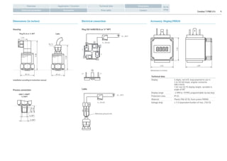 Cerabar T PMC131 4Contact
Application / FunctionOverview Technical data
Price table
Go to
shopAccessoriesElectrical connection
Dimensions
Dimensions (in inches) Electrical connection Accessory: Display PHX20
Plug M 16 or ½ NPT
Installation according to instruction manual.
Housing
Cable
ENDRESS+HAUSER
CERABAR T
ENDRESS+HAUSER
CERABAR T
1.26
AF 41
3.98
AF 41
3.58
Pg 11
ANSI ½ MNPT
¼ FNPT
Process connection
½ NPT
¼ NPT
0.47
0.98
12...30 V
4...20 mA
1+ 2–
1
2
–
+
Plug ISO 4400/M16 or ½" NPT
–
+
+ –
red
black
green
4…20 mA
12…30 V
Reference pressure line
Cable
1.65
1.65
(Dimensions in inches)
1.89
Technical data
Display 4 digits, red LED, loop powered to use in
4 to 20 mA loops, angular connector
DIN 43650
7.62 mm (0.3") display height, turnable in
angle of 90°
Display range -1 999 to +9 999, programmable via two keys
Protection class IP 65
Material Plastic PA6 GF30, front screen PMMA
Voltage drop ≤ 5 V (equivalent burden of max. 250 Ω)
 