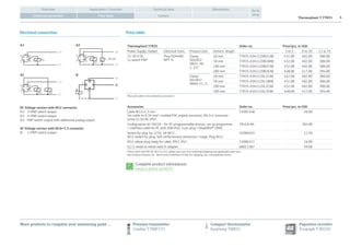 Thermophant T TTR35 4
Application / FunctionOverview Technical data Dimensions
Contact
Go to
shopPrice tableElectrical connection
Price table
Thermophant TTR35 Order no. Price/pcs. in USD
Power Supply; Output Electrical Conn. Process Conn. Immers. length 1 to 5 6 to 10 11 to 35
12-30 V DC;
1x switch PNP
Plug ISO4400
NPT ½
Clamp
ISO2852
DN25-38,
1..1½”
20 mm TTR35-A3A112DB1CAB 432.00 402.00 380.00
50 mm TTR35-A3A112DB1BAB 432.00 402.00 380.00
100 mm TTR35-A3A112DB2CAB 432.00 402.00 380.00
200 mm TTR35-A3A112DB2EAB 448.00 417.00 394.00
Clamp
ISO2852
DN40-51, 2",
20 mm TTR35-A3A112DL1CAB 432.00 402.00 380.00
50 mm TTR35-A3A112DL1BAB 432.00 402.00 380.00
100 mm TTR35-A3A112DL2CAB 432.00 402.00 380.00
200 mm TTR35-A3A112DL2EAB 448.00 417.00 394.00
Plug and cable to be ordered as ‘accessory’
Accessories Order no. Price/pcs. in USD
Cable M12x1, l=5m
5m cable 4x 0.34 mm2, molded PVC angled connector, M12x1 connector
screw Cu Sn/Ni, IP67.
51005148 20.00
Configuration kit TXU10 – for PC-programmable devices. set-up programme
+ interface cable for PC with USB-Port. 4 pin plug + ReadWin® 2000
TXU10-AA 204.00
Socket for plug 4p-125V, 4A-M12
M12 socket for plug. Self confectionery connection. Usage: Plug M12.
52006263 22.50
M12 elbow plug ready for cable, IP67, PG7 51006327 16.00
G1/2 metal to metal weld in adapter 60021387 49.00
Prices valid until 09.30.2013 in U.S. dollars per unit (not including shipping and applicable sales tax).
See Endress+Hauser, Inc. Terms and Conditions of Sale for shipping, tax, and payment terms.
Complete product information:
www.e-direct.us/ttr35
More products to complete your measuring point …
A1
A2
A3
B
R
2
3
1
4
2
3
1
4
R1
R1
L+
L–
L+
L–
R2
2
3
3
1
1
2
4
L+
L–
L+
L–
R1
4…20 mA
Electrical connection
DC Voltage version with M12 connector
A1: 	 1×PNP switch output
A2: 	 2×PNP switch output
A3: 	 PNP switch output with additional analog output
DC Voltage version with M16×1.5 connector
B: 	 1×PNP switch output
Pressure transmitter
Cerabar T PMP135
Paperless recorder
Ecograph T RSG30
Compact thermometer
Easytemp TMR35
 