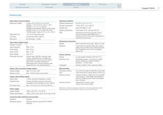 Ecograph T RSG30 3
Application / FunctionOverview
Electrical connection Price table Contact
Go to
shop
DimensionsTechnical data
Technical data
Input values (universal input)
Measured variable Current: 0 to 5/20 mA, 4 to 20 mA
Voltage > 1 V: 0 5/10 V, ± 10 V, ± 30 V
Voltage ≤ 1 V: ± 1 V, ± 150 mV
Resistance thermometer (RTD): Pt100, Pt500,
Pt1000, Cu50, Cu53, Cu100, Pt46, Pt50
Thermocouples: Type J, K, T, N, L, D, C, B, S, R
Measured error ± 0.1 % of measuring range
Scan rate all channels within 100 ms
Resolution for all ranges: ≥ 18 Bit
Input values (digital input)
Number of inputs 3
Input frequency Max. 25 Hz
Pulse length Min. 20 ms
Input current Max. 2 mA
Input voltage Max. 32 V
Selectable functions Control input, ON/OFF message, pulse
counter, operating time, message and
operating time. Functions of the control
input: start, recording, background
illumination OFF, external memory cycle,
operating lock, time synchronization.
Output values (auxiliary voltage output)
Output voltage App. 24 V, max. 28 V
Output current Max. 250 mA, short-circuit proof
Output values (Relay output)
Alarm relay 1 alarm relay with changeover contact
Standard relay 3 relays with NO contact for limit value
messages (can be configured as NC contact)
AC contact load Max. 230 V AC/3 A or 50 V DC/300 mA
Power supply
Supply voltage 100 to 230 V AC; 24 V AC/DC
Power consumption 100 to 230 V: max. 30 VA; 24 V: max. 24 VA
Connection data interface/communication
Standard USB port
Advanced options Ethernet interface; Serial RS232/RS485
interface
Operating conditions
Ambient temperature 0 to 50 °C (32 to 122 °F)
Storage temperature -20 to +60 °C (-4 to 140 °F)
Climate class As per IEC 60654-1: B1
Degree of protection Front-panel IP 54, rear-panel IP 20
EMC Interference immunity as per IEC 61326,
Class B (industry) and NAMUR NE 21;
Emission to IEC 61326: Class A (operation in
industrial environment)
Mechanical construction
Weight Panel-mounted version app. 700 g (1.54 lb)
Materials Front frame/removable media door: plastic
(ABS); Housing: fiber-glass reinforced plastic
(PC); Protective cover in front of display:
plastic (PC)
Human interface
Display LC color graphic display (120 mm/4.7”)
Real time clock Switchable summer-/normal time, power
reserve: buffering via lithium battery,
deviation: < 10 min./year
Languages German, English, French, Spanish, Italian
Data recording
Selectable memory
cycle
1s/2s/3s/4s/5s/10s/15s/20s/30s/1min/2min/
3min/4min/5min/10min/30min/1h/6h/12h
Internal memory Program memory: 2 MB Flash (non-volatile),
main memory: 2 MB SRAM, data buffering
and RTC-buffering with lithium cell (replace
after 10 years)
External memory Supported CF memory cards:
32/64/128/256/512 MB
Information: 1 measured value/min. corresponds to 20 mm/h paper feed; Internal
memory: 28 days; CF-card 128 MB: 6.5 years; CF-card 256 MB: 13 years
 
