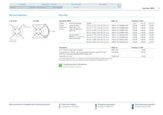 Easytemp TMR35 4
Application / FunctionOverview Technical data Dimensions
Contact
Go to
shopPrice tableElectrical connection
Price table
Easytemp TMR35 Order no. Price/pcs. in USD
Output Process Connection Length 1 to 5 6 to 10 11 to 35
Pt100,
DIN class A,
4-wire
Clamp ISO2852
DN25-38, 1-1½,
316L,3A DIN32676
DN25-40
38 mm (1.57); 3mm (0,12); w/o TMR35-A11ADBBA1AAA 148.00 138.00 130.00
83 mm (3.27); 3mm (0,12); w/o TMR35-A11ADBBB1AAA 148.00 138.00 130.00
68 mm (2.68); 3mm (0,12); w/o TMR35-A11ADBBC1AAA 148.00 138.00 130.00
98 mm (3.86); 3mm (0,12); w/o TMR35-A11ADBBD1AAA 148.00 138.00 130.00
CIamp ISO2852
DN40-51, 2, 316L, 3A,
DIN32676 DN50
38 mm (1.57); 3mm (0,12); w/o TMR35-A11ADLBA1AAA 148.00 138.00 130.00
83 mm (3.27); 3mm (0,12); w/o TMR35-A11ADLBB1AAA 148.00 138.00 130.00
68 mm (2.68); 3mm (0,12); w/o TMR35-A11ADLBC1AAA 148.00 138.00 130.00
98 mm (3.86); 3mm (0,12); w/o TMR35-A11ADLBD1AAA 148.00 138.00 130.00
Accessories Order no. Price/pcs. in USD
G1/2 metal to metal weld in adapter 60021387 49.00
Configuration kit TXU10 – set-up programme+interface cable for PC with
USB-Port. 4 pin plug+ReadWin2000+adapter M12
TXU10-BA 238.00
Cable M12x1 l=5m 51005148 20.00
Prices valid until 09.30.2013 in U.S. dollars per unit (not including shipping and applicable sales tax).
See Endress+Hauser, Inc. Terms and Conditions of Sale for shipping, tax, and payment terms.
Complete product information:
www.e-direct.us/tmr35
More products to complete your measuring point …
Electrical connection
red
1×Pt100
1×Pt100
white
4
4
3
3
0 V
(4 to 20 mA)
1
1
10 to 35 V DC
(4 to 20 mA)
4 to 20 mA
2
2
red
white
Pressure transmitter
Cerabar T PMP135
Point level switch
Liquiphant T FTL20H
Flow measuring system
Proline Promag 10D
 