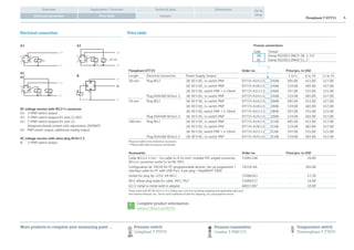 Flowphant T DTT35 4
Application / FunctionOverview Technical data Dimensions
Contact
Go to
shopElectrical connection Price table
Price table
Flowphant DTT35 Order no. Price/pcs. in USD
Length Electrical Connection Power Supply; Output 1 to 5 6 to 10 11 to 35
30 mm Plug M12 18-30 V DC; 1x switch PNP DTT35-A1A111 2AAB 485.00 451.00 427.00
18-30 V DC; 2x switch PNP DTT35-A1B111 2AAB 519.00 483.00 457.00
18-30 V DC; switch PNP + 4-20mA DTT35-A1C111 2AAB 597.00 555.00 525.00
Plug ISO4400 M16x1.5 18-30 V DC; 1x switch PNP DTT35-A2A111 2AAB 519.00 483.00 457.00
50 mm Plug M12 18-30 V DC; 1x switch PNP DTT35-A1A111 2BAB 485.00 451.00 427.00
18-30 V DC; 2x switch PNP DTT35-A1B111 2BAB 519.00 483.00 457.00
18-30 V DC; switch PNP + 4-20mA DTT35-A1C111 2BAB 597.00 555.00 525.00
Plug ISO4400 M16x1.5 18-30 V DC; 1x switch PNP DTT35-A2A111 2BAB 519.00 483.00 457.00
100 mm Plug M12 18-30 V DC; 1x switch PNP DTT35-A1A111 2CAB 485.00 451.00 427.00
18-30 V DC; 2x switch PNP DTT35-A1B111 2CAB 519.00 483.00 457.00
18-30 V DC; switch PNP + 4-20mA DTT35-A1C111 2CAB 597.00 555.00 525.00
Plug ISO4400 M16x1.5 18-30 V DC; 1x switch PNP DTT35-A2A111 2CAB 519.00 483.00 457.00
Plug and cable to be ordered as ‘accessory’
* Please add code for process connection.
Accessories Order no. Price/pcs. in USD
Cable M12x1 l=5m – 5m cable 4x 0.34 mm2, molded PVC angled connector,
M12x1 connector screw Cu Sn/Ni, IP67.
51005148 20.00
Configuration kit TXU10-for PC-programmable devices. Set-up programme +
interface cable for PC with USB-Port. 4 pin plug + ReadWin® 2000
TXU10-AA 204.00
Socket for plug 4p-125V, 4A-M12 52006263 22.50
M12 elbow plug ready for cable, IP67, PG7 51006327 16.00
G1/2 metal to metal weld in adapter 60021387 49.00
Prices valid until 09.30.2013 in U.S. dollars per unit (not including shipping and applicable sales tax).
See Endress+Hauser, Inc. Terms and Conditions of Sale for shipping, tax, and payment terms.
Complete product information:
www.e-direct.us/dtt35
*
Process connections
Code Thread
DB Clamp ISO2852 DN25-38, 1-1½"
DL Clamp ISO2852 DN40-51, 2”
More products to complete your measuring point … Pressure transmitter
Cerabar T PMP135
Temperature switch
Thermophant T TTR35
Pressure switch
Ceraphant T PTP35
A1
A2
A2‘
A3
B
R
2
3
1
4
2
3
1
4
R1
R1
L+
L–
L+
L–
1
2
3
3
1
1
2
4
L+
L–
L+
L–
R1
4…20 mA
Electrical connection
DC voltage version with M12×1 connector
A1:	 1×PNP switch output
A2:	 2×PNP switch outputs R1 and (1) (R2)
A2’:	 2×PNP switch outputs R1 and (1)
	 (diagnosis/break contact with adjustment „DESINA”)
A3: 	 PNP switch output, additional analog output
DC voltage version with valve plug M16×1.5
B:	 1×PNP switch output
 