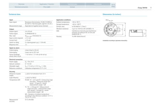 iTemp TMT80 3
Application / FunctionOverview
Electrical connection Price table Contact
Go to
shop
DimensionsTechnical data
Technical data Dimensions (in inches)
Input
Input signal Resistance thermometer: Pt100, Pt1000 to
IEC 60751 Thermocouples: type B, K, N, R, S
Measurement range Dependent of applied sensor element
Output
Output signal 4 to 20 mA
Failure signal To NAMUR NE 43
Max. load (Vpower supply -8 V)/0.025 A
Input current required ≤ 3.5 mA
Current limit ≤ 25 mA
Switch on delay 4 s (during power up Ia ≈ 3.8 mA)
Response time 1 s
Signal on alarm
Underranging Linear drop to 3.8 mA
Overranging Linear rise to 20.5 mA
Sensor breakage;
sensor short circuit
< 3.6 mA or > 21 mA can be set up
Electrical connection
Power supply Ub = 8 to 35 V
Galvanic isolation Û = 0.5 kV
Allowable ripple Uss ≤ 3 V at Ub ≥ 15 V, fmax = 1 kHz
Reference conditions Calibration temperature 25 °C ±5 K
Accuracy
Influence of power
supply
≤ ±0.01 %/V deviation from 24 V
Load influence ≤ ±0.02 %/100 Ω
Temperature drift Pt100: Td = ±(15 ppm/K × (measuring range
end value - measuring range start
value) + 50 ppm/K × preset
measurement range) × Δθ
TC: Td = ± (50 ppm/K × (Measurement
range end value - measurement range
start value)) + (50 ppm/K × preset
measurement range) × Δθ
Δθ = Deviation of ambient temperature
according to the reference condition +25 °C ±
5 K (77 °F ± 9 °F)
Measurement
accuracy
0.5 K (Pt100)
Application conditions
Ambient temperature -40 to +85 °C
Storage temperature -40 to +100 °C
Climatic class to EN 60654-1, Class C
Vibration resistance 4 g/2 to 150 Hz to IEC 60 068-2-6
EMC Interference immunity and interference
emission according to IEC 61326 and
NAMUR NE 21
Housing To DIN 50446 form B
4
3
2
1
5
6
3
Ø 0.2
Installation according to operation instructions.
Ø0.28
1.3
Ø1.7
0.9
 