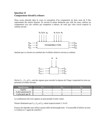 Question 12
Comparateur itératif à rebours
Nous avons présenté dans le cours la conception d’un comparateur de deux mots de 4 bits
représentant des entiers binaires. En suivant la même démarche que celle du cours, réalisez un
comparateur avec des cellules qui comparent à rebours, de sorte que votre circuit respecte le
schéma suivant :




Sachant que ce circuits est constitué des 4 cellules itératives suivant ce schéma :




Où les Ce i , Cg i et Cp i sont des signaux pour encoder la réponse de l’étage i respectant les trois cas
présentés à la table suivante :

   Signification                     Cei                        Cgi                        Cpi
       Égalité                       1                           0                          0
 A plus grand que B                  0                           1                          0
 A plus petit que B                  0                           0                          1

La combinaison des trois signaux ne peut prendre d’autre valeur.

Notons finalement que Ce4, Cg4 et Cp4 valent respectivement 1, 0 et 0.

Essayez de répondre sans utiliser aucune table de Karnaugh (note : il est possible d’utiliser un mux
à 2 entrées et 1 signal de contrôle) ?
 