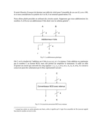Il serait illusoire d’essayer de dessiner une table de vérité pour l’ensemble de ces cas (il y en a 100,
et si nous considérions la symétrie de A et B, il en resterait quand même 55).

Nous allons plutôt procéder en utilisant des circuits usuels. Supposons que nous additionnions les
nombres A et B avec un additionneur 4 bits dont voici le schéma général1 :




                                          Fig 11.1.a additionneur générique

Où C est le résultat de l’addition sur 4 bits (c3c2c1c0), et r la retenue. Cette addition ne représente
pas le nombre C en format BCD, mais elle permet de simplifier le traitement. Il suffit en effet
d’ajouter un circuit qui convertit les cinq signaux r, c3, c2, c1 et c0 en y, k3, k2, k1 et k0. Ce circuit à
concevoir peut être schématisé par le bloc représentatif suivant :


                                                  r                C


                                                                         4


                                     Convertisseur BCD avec retenue


                                                                         4


                                                 y                 K

                                 Fig 11.1.b circuit de conversion BCD avec retenue

1
  Lorsqu’une entrée ou sortie présente une barre, celle-ci signifie qu’il s’agit d’un ensemble de fils (souvent appelé
bus) dont le nombre est écrit à côté.
 
