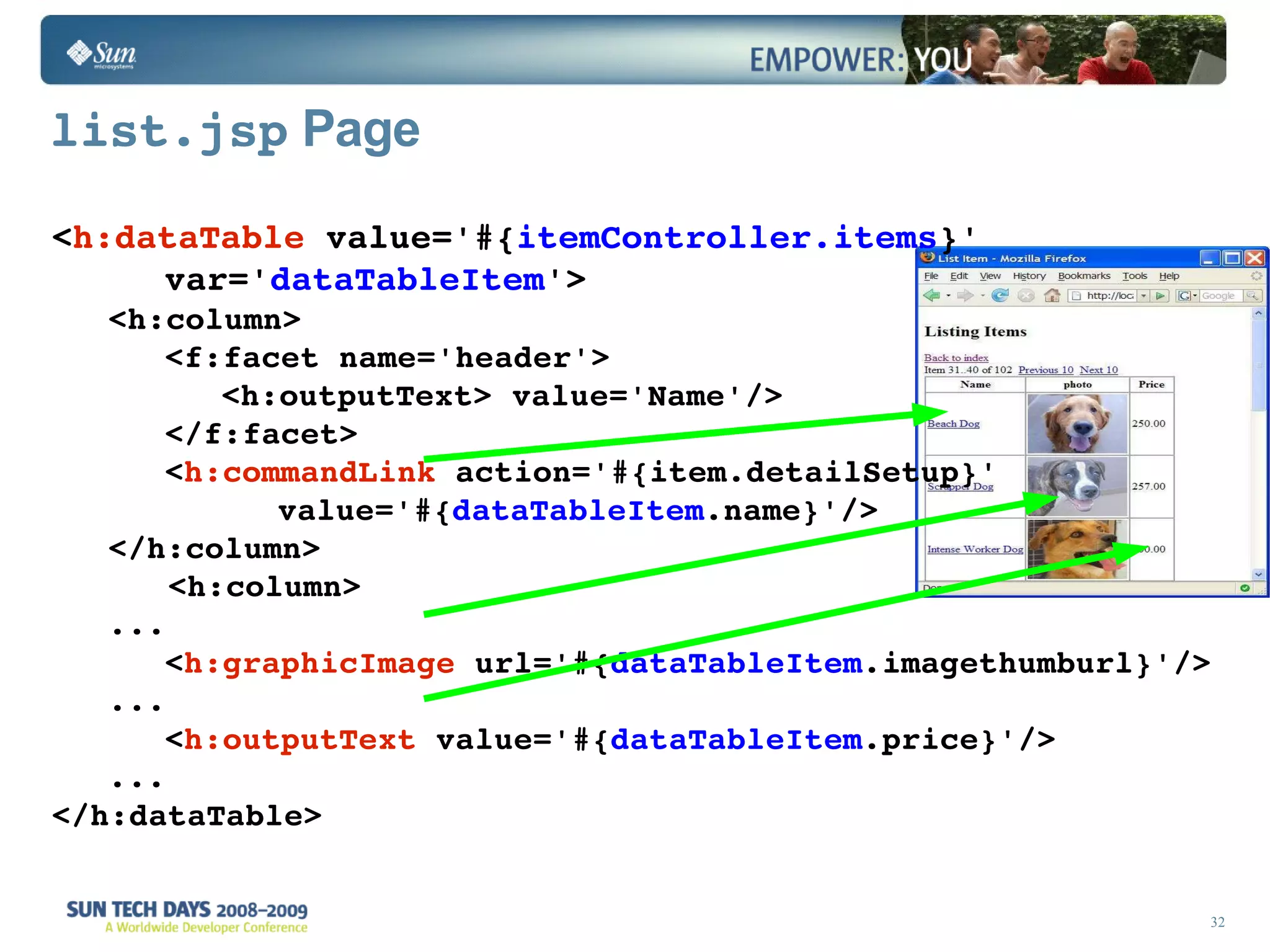 list.jsp  Page < h:dataTable  value='#{ itemController.items }'  var=' dataTableItem '> <h:column> <f:facet name='header'> <h:outputText> value='Name'/> </f:facet> < h:commandLink  action='#{item.detailSetup}' value='#{ dataTableItem .name}'/> </h:column> <h:column> ... < h:graphicImage  url='#{ dataTableItem .imagethumburl}'/> ... < h:outputText  value='#{ dataTableItem .price}'/> ... </h:dataTable> 