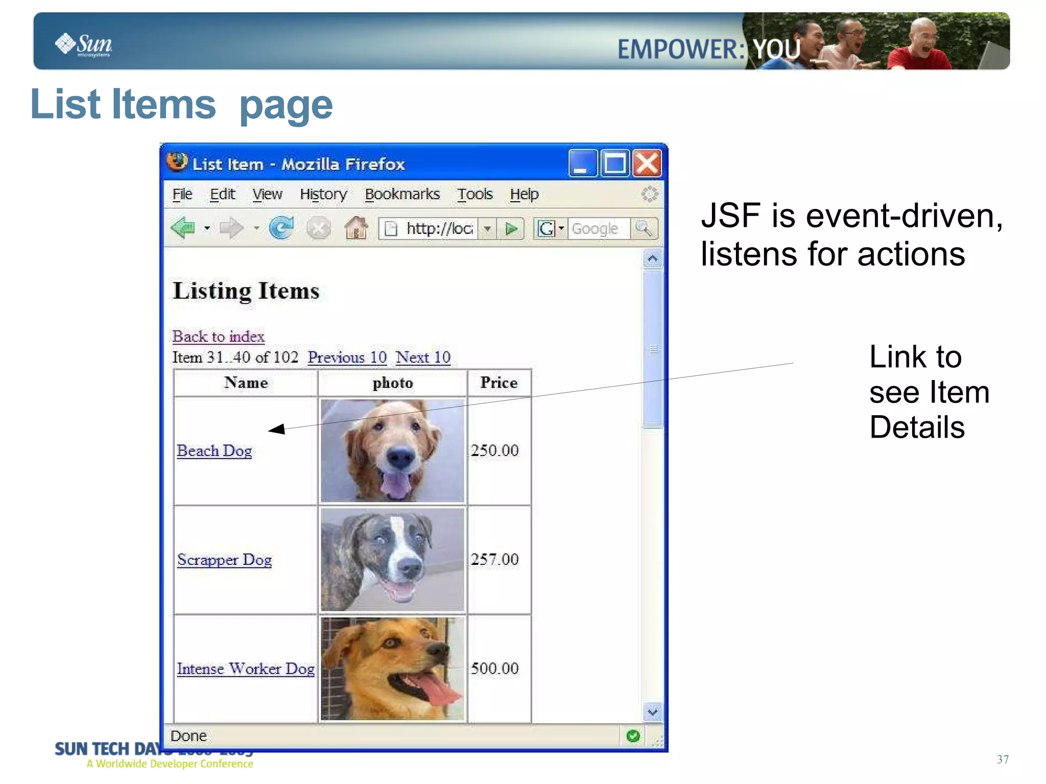 List Items  page  Link to see Item Details JSF is event-driven,  listens for actions 