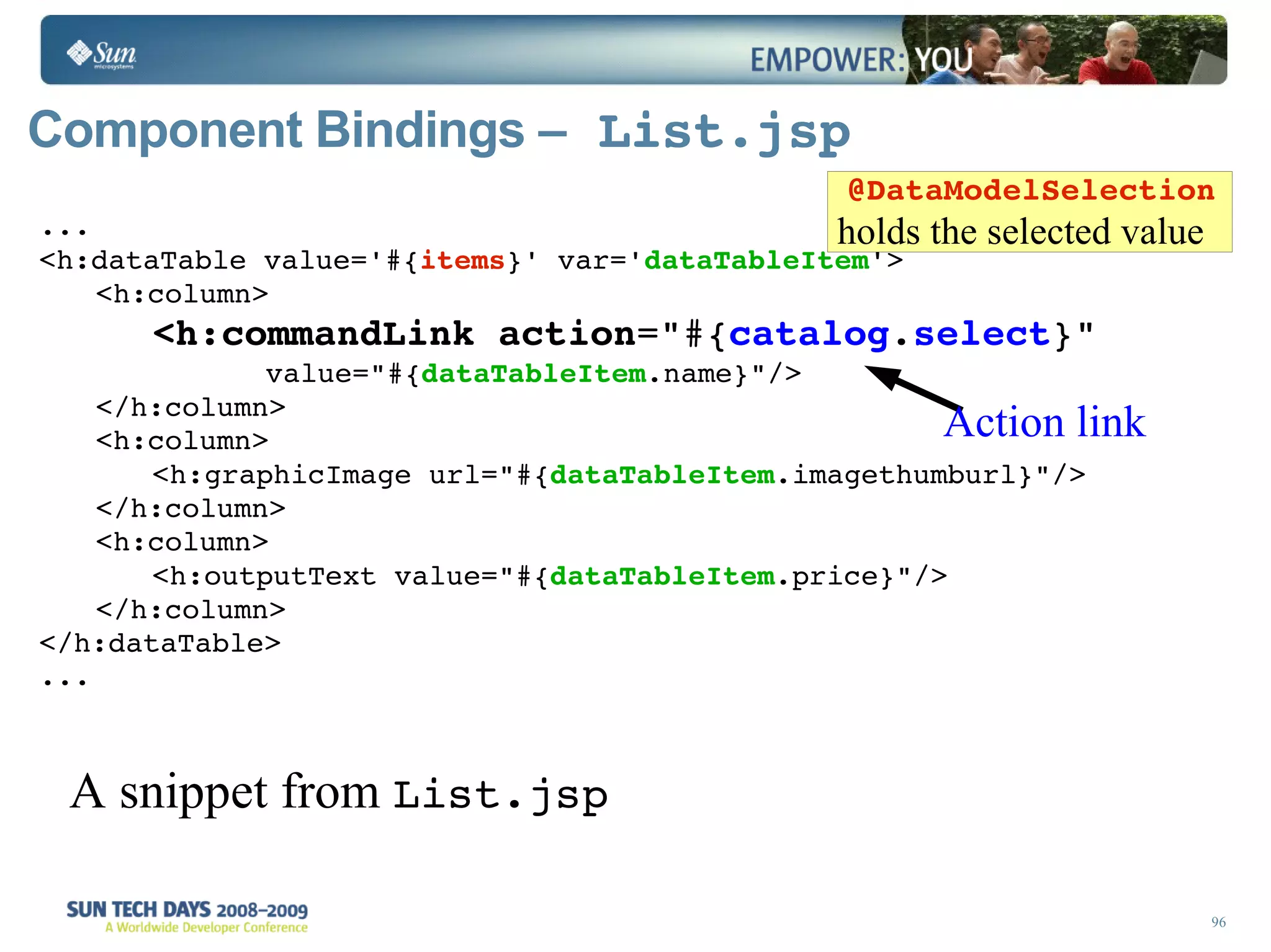 Component Bindings –  List.jsp ... <h:dataTable value='#{ items }' var=' dataTableItem '>  <h:column> <h:commandLink action =&quot;#{ catalog . select }&quot; value=&quot;#{ dataTableItem .name}&quot;/>  </h:column> <h:column> <h:graphicImage url=&quot;#{ dataTableItem .imagethumburl}&quot;/> </h:column> <h:column> <h:outputText value=&quot;#{ dataTableItem .price}&quot;/> </h:column>  </h:dataTable> ... A snippet from  List.jsp Action link  @DataModelSelection  holds the selected value 