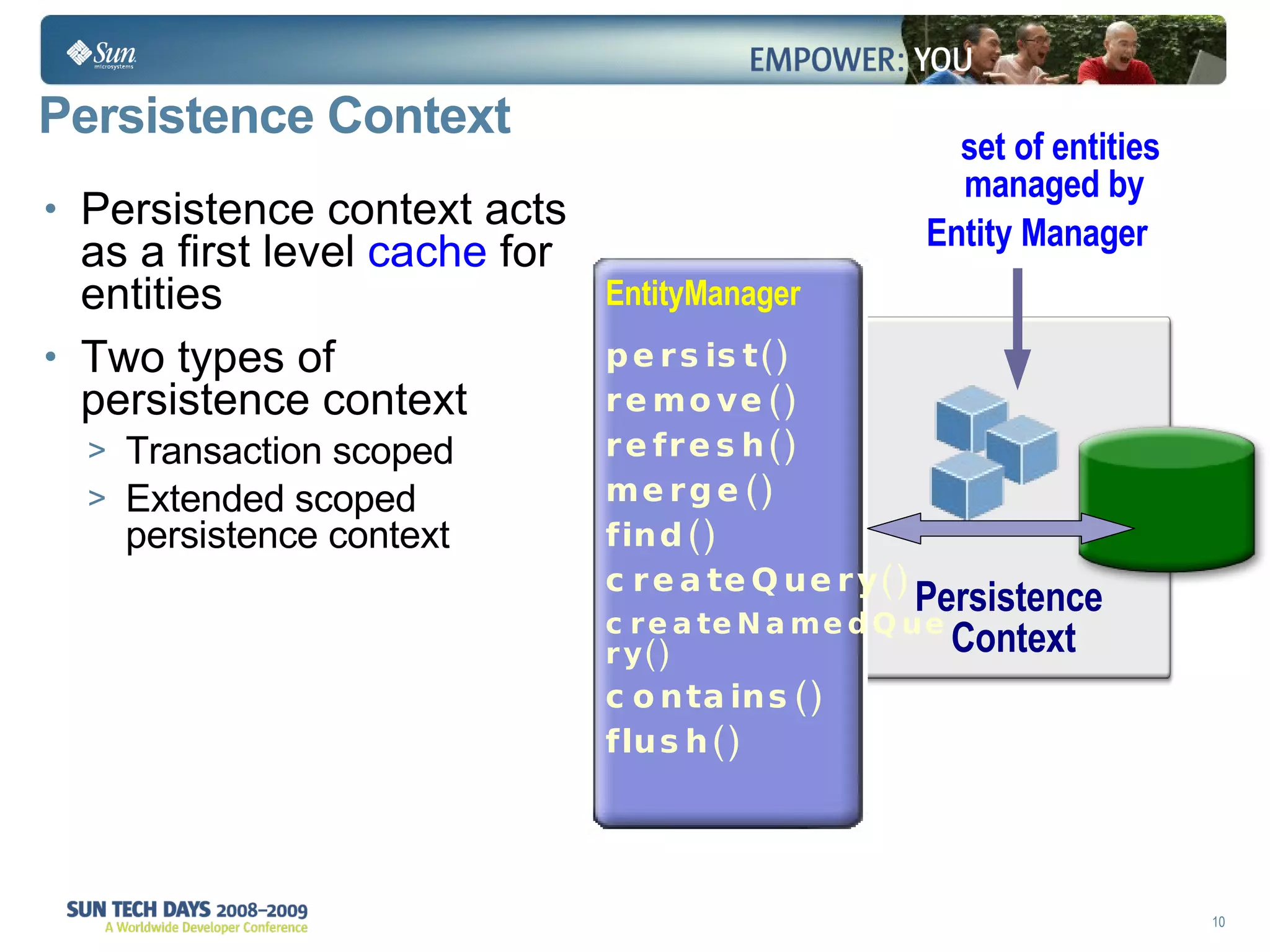 Persistence  Context EntityManager persist() remove() refresh() merge() find() createQuery() createNamedQuery() contains() flush() Persistence Context  set of entities managed by  Entity Manager Persistence context acts as a first level  cache  for entities Two types of persistence context Transaction scoped Extended scoped persistence context 
