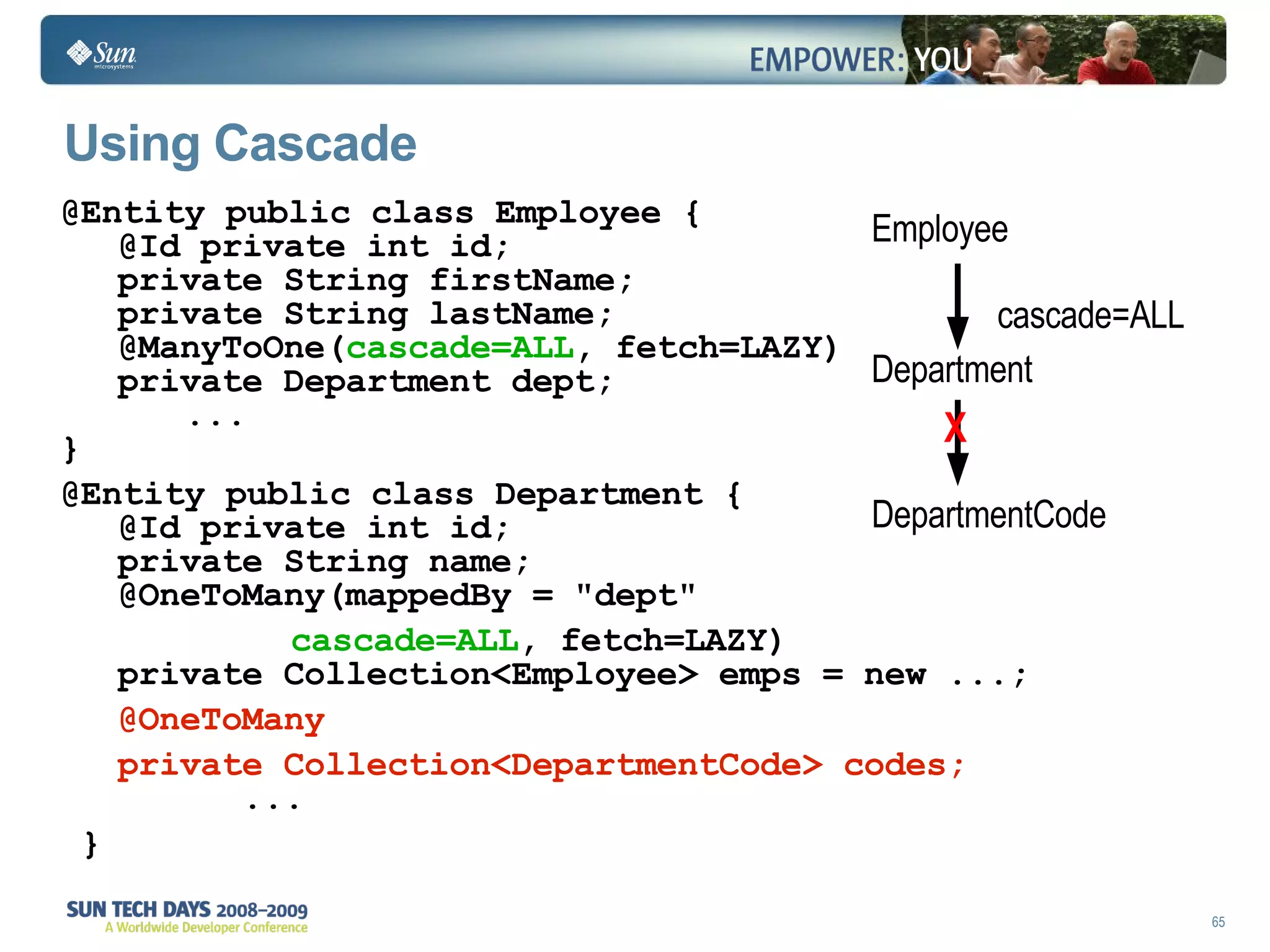 Using Cascade @Entity public class Employee { @Id private int id; private String firstName; private String lastName; @ManyToOne( cascade=ALL , fetch=LAZY) private Department dept;   ... } @Entity public class Department { @Id private int id; private String name; @OneToMany(mappedBy = "dept" cascade=ALL , fetch=LAZY) private Collection<Employee> emps = new ...; @OneToMany private Collection<DepartmentCode> codes;   ... } Employee Department DepartmentCode cascade=ALL X 