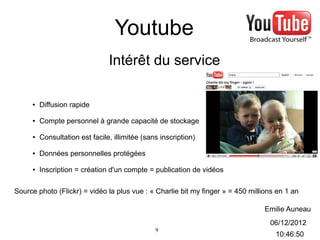 Youtube
                                Intérêt du service

     ●   Diffusion rapide

     ●   Compte personnel à grande capacité de stockage

     ●   Consultation est facile, illimitée (sans inscription)

     ●   Données personnelles protégées

     ●   Inscription = création d'un compte = publication de vidéos

Source photo (Flickr) = vidéo la plus vue : « Charlie bit my finger » = 450 millions en 1 an

                                                                                 Emilie Auneau
                                                                                  06/12/2012
                                                9
                                                                                    10:46:50
 