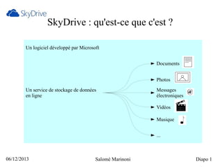 SkyDrive : qu'est-ce que c'est ?
Un logiciel développé par Microsoft
Documents
Photos
Un service de stockage de données
en ligne

Messages
électroniques
Vidéos
Musique
...

06/12/2013

Salomé Marinoni

Diapo 1

 