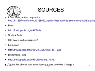 SOURCES
●

Icône Paris, auteur : myvector :
http://fr.123rf.com/photo_12129662_vector-illustration-de-seule-icone-isole-a-paris

●

Paris :

●

http://fr.wikipedia.org/wiki/Paris

●

Sortir à Paris :

●

http://www.sortiraparis.com/

●

Le métro :

●

http://fr.wikipedia.org/wiki/M%C3%A9tro_de_Paris

●

Disneyland Paris :

●

http://fr.wikipedia.org/wiki/Disneyland_Paris

Toutes
04/01/14
●

les photos sont sous licence « libre de droits d'usage »
azertyui

5

 