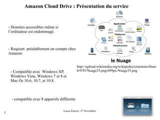 Amazon Cloud Drive : Présentation du service

- Données accessibles même si
l’ordinateur est endommagé.

- Requiert préalablement un compte chez
Amazon

- Compatible avec Windows XP,
Windows Vista, Windows 7 et 8 et
Mac Os 10.6, 10.7, et 10.8.

http://upload.wikimedia.org/wikipedia/commons/thum
b/9/93/Nuage33.png/699px-Nuage33.png

- compatible avec 8 appareils différents
1

Lucas Pastori, 27 Novembre.

 