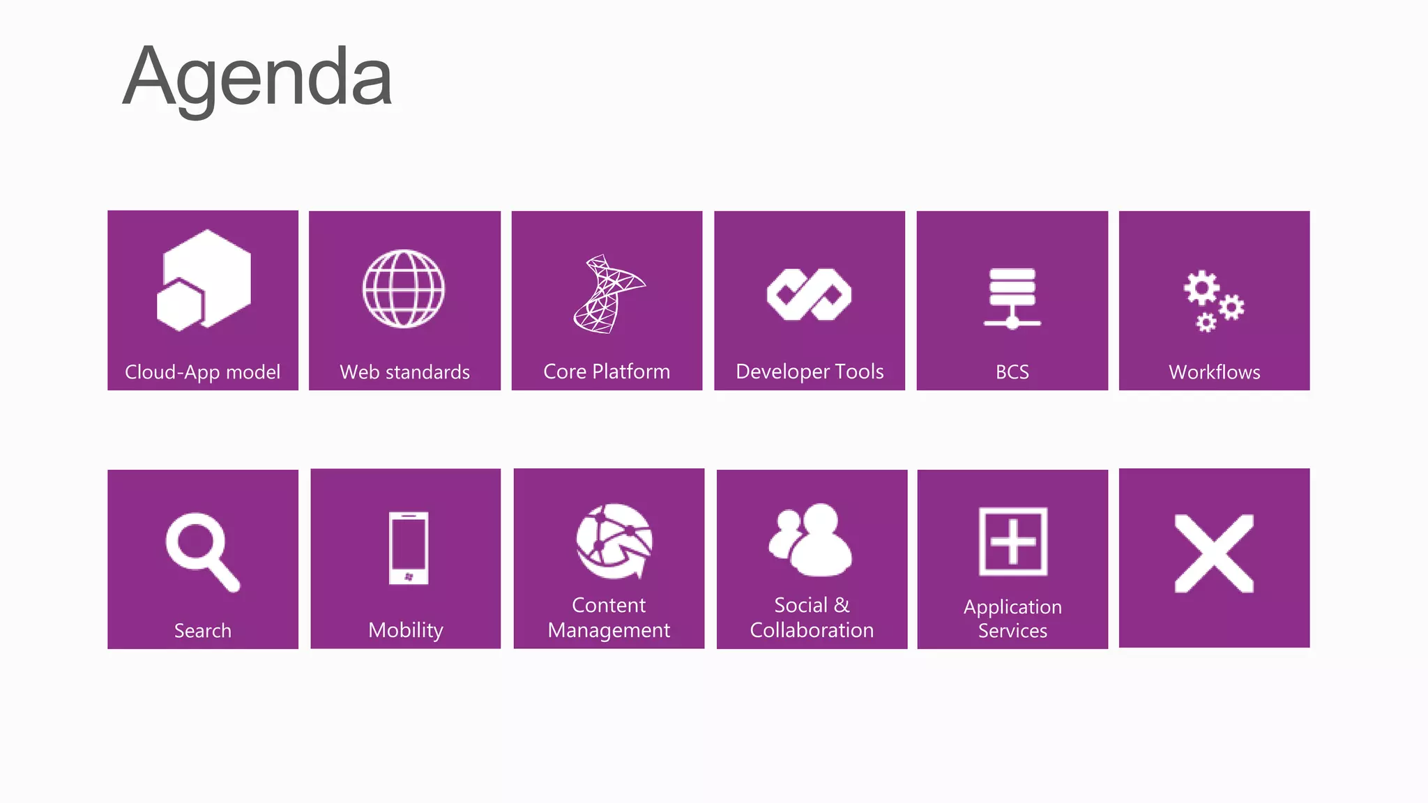Cloud-App model   Web standards   Core Platform   Developer Tools      BCS        Workflows




                                    Content          Social &       Application
    Search          Mobility      Management       Collaboration     Services
 