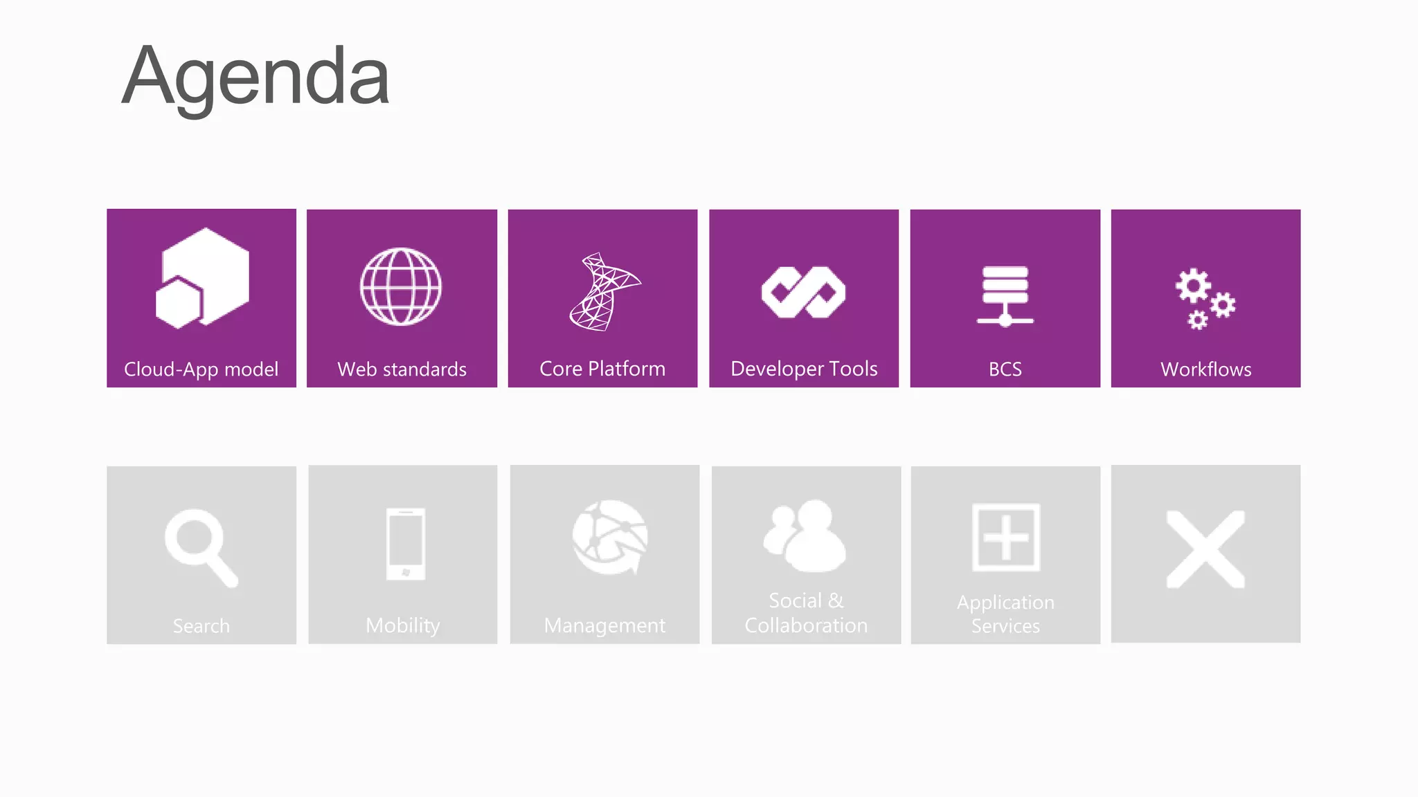 Cloud-App model   Web standards   Core Platform   Developer Tools      BCS        Workflows




                                    Content          Social &       Application
    Search          Mobility      Management       Collaboration     Services
 