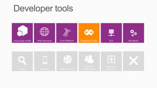 Cloud-App model   Web standards   Core Platform   Developer Tools      BCS        Workflows




                                    Content          Social &       Application
    Search          Mobility      Management       Collaboration     Services
 