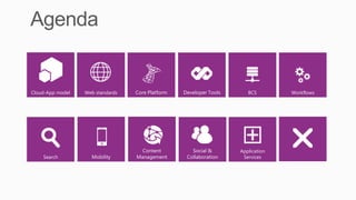 Cloud-App model   Web standards   Core Platform   Developer Tools      BCS        Workflows




                                    Content          Social &       Application
    Search          Mobility      Management       Collaboration     Services
 