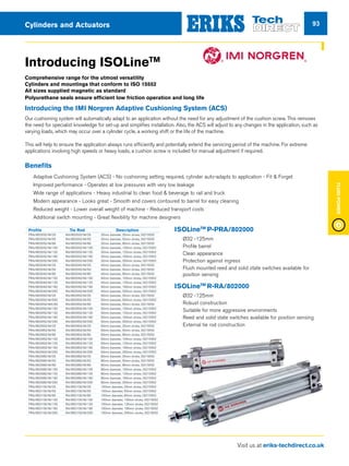 Visit us at eriks-techdirect.co.uk
FluidPower
93Cylinders and Actuators
Introducing ISOLineTM
Comprehensive range for the utmost versatility
Cylinders and mountings that conform to ISO 15552
All sizes supplied magnetic as standard
Polyurethane seals ensure efficient low friction operation and long life
Introducing the IMI Norgren Adaptive Cushioning System (ACS)
Our cushioning system will automatically adapt to an application without the need for any adjustment of the cushion screw. This removes
the need for specialist knowledge for set-up and simplifies installation. Also, the ACS will adjust to any changes in the application, such as
varying loads, which may occur over a cylinder cycle, a working shift or the life of the machine.
This will help to ensure the application always runs efficiently and potentially extend the servicing period of the machine. For extreme
applications involving high speeds or heavy loads, a cushion screw is included for manual adjustment if required.
ISOLineTM
P-PRA/802000
nn Ø32 -125mm
nn Profile barrel
nn Clean appearance
nn Protection against ingress
nn Flush mounted reed and solid state switches available for
position sensing
ISOLineTM
R-RA/802000
nn Ø32 -125mm
nn Robust construction
nn Suitable for more aggressive environments
nn Reed and solid state switches available for position sensing
nn External tie rod construction
Benefits
nn Adaptive Cushioning System (ACS) - No cushioning setting required, cylinder auto-adapts to application - Fit  Forget
nn Improved performance - Operates at low pressures with very low leakage
nn Wide range of applications - Heavy industrial to clean food  beverage to rail and truck
nn Modern appearance - Looks great - Smooth end covers contoured to barrel for easy cleaning
nn Reduced weight - Lower overall weight of machine - Reduced transport costs
nn Additional switch mounting - Great flexibility for machine designers
135
Visit us at eriks-techdirect.co.uk
to find your local Service Centre
PNEUMATICS
H MOUNTINGS SWITCHES SIMPLE MODs AVAILABLE
Generally Ex Stock M/50 series
Ext’d piston rod (/IU),
different rod thread, end caps turned
Generally Ex Stock M/50 series plus bracket
Ext’d piston rod (/IU),
different rod thread, end caps turned
Generally Ex Stock M/50 series plus bracket
Ext’d piston rod (/IU),
different rod thread
Generally Ex Stock M/50 series plus bracket None
Generally Ex Stock M/50 series plus bracket None
Generally Ex Stock M/50 series plus bracket None
Generally Ex Stock M/50 series None
Generally Ex Stock M/50 series None
Specify at time of enquiry M/50 series (up to 4) None
Specify at time of enquiry N/A None
Generally Ex Stock N/A None
Generally Ex Stock M/50 series plus bracket None
Generally Ex Stock M/50 series plus bracket None
N/A N/A None
Reliable, Tried and Trusted Product Ranges
IMI Precision Engineering products have been proven over many years and in some of the most harshest and challenging environments.
All IMI Precision Engineering products are backed by an industry leading 2-year warranty.
Manufactured to the most exacting standards, the product ranges include names such as IMI Norgren, Pneufit, Enots, IMI Herion, Martonair,
IMI Buschjost, Lintra Plus, Excelon, Olympian Plus and Fleetfit.
Profile	 Tie Rod	 Description
PRA/802032/M/25	 RA/802032/M/25	 32mm diameter, 25mm stroke, ISO15552
PRA/802032/M/50	 RA/802032/M/50	 32mm diameter, 50mm stroke, ISO15552
PRA/802032/M/80	 RA/802032/M/80	 32mm diameter, 80mm stroke, ISO15552
PRA/802032/M/100	 RA/802032/M/100	 32mm diameter, 100mm stroke, ISO15552
PRA/802032/M/125	 RA/802032/M/125	 32mm diameter, 125mm stroke, ISO15552
PRA/802032/M/160	 RA/802032/M/160	 32mm diameter, 160mm stroke, ISO15552
PRA/802032/M/200	 RA/802032/M/200	 32mm diameter, 200mm stroke, ISO15552
PRA/802040/M/25	 RA/802040/M/25	 40mm diameter, 25mm stroke, ISO15552
PRA/802040/M/50	 RA/802040/M/50	 40mm diameter, 50mm stroke, ISO15552
PRA/802040/M/80	 RA/802040/M/80	 40mm diameter, 80mm stroke, ISO15552
PRA/802040/M/100	 RA/802040/M/100	 40mm diameter, 100mm stroke, ISO15552
PRA/802040/M/125	 RA/802040/M/125	 40mm diameter, 125mm stroke, ISO15552
PRA/802040/M/160	 RA/802040/M/160	 40mm diameter, 160mm stroke, ISO15552
PRA/802040/M/200	 RA/802040/M/200	 40mm diameter, 200mm stroke, ISO15552
PRA/802050/M/25	 RA/802050/M/25	 50mm diameter, 25mm stroke, ISO15552
PRA/802050/M/500	 RA/802050/M/50	 50mm diameter, 500mm stroke, ISO15552
PRA/802050/MX/60	 RA/802050/M/80	 50mm diameter, 50mm stroke, ISO15552
PRA/802050/M/100	 RA/802050/M/100	 50mm diameter, 100mm stroke, ISO15552
PRA/802050/M/125	 RA/802050/M/125	 50mm diameter, 125mm stroke, ISO15552
PRA/802050/M/160	 RA/802050/M/160	 50mm diameter, 160mm stroke, ISO15552
PRA/802050/M/200	 RA/802050/M/200	 50mm diameter, 200mm stroke, ISO15552
PRA/802063/M/25	 RA/802063/M/25	 63mm diameter, 25mm stroke, ISO15552
PRA/802063/M/50	 RA/802063/M/50	 63mm diameter, 50mm stroke, ISO15552
PRA/802063/M/80	 RA/802063/M/80	 63mm diameter, 80mm stroke, ISO15552
PRA/802063/M/100	 RA/802063/M/100	 63mm diameter, 100mm stroke, ISO15552
PRA/802063/M/125	 RA/802063/M/125	 63mm diameter, 125mm stroke, ISO15552
PRA/802063/M/160	 RA/802063/M/160	 63mm diameter, 160mm stroke, ISO15552
PRA/802063/M/200	 RA/802063/M/200	 63mm diameter, 200mm stroke, ISO15552
PRA/802080/M/25	 RA/802080/M/25	 80mm diameter, 25mm stroke, ISO15552
PRA/802080/M/50	 RA/802080/M/50	 80mm diameter, 50mm stroke, ISO15552
PRA/802080/M/80	 RA/802080/M/80	 80mm diameter, 80mm stroke, ISO15552
PRA/802080/M/100	 RA/802080/M/100	 80mm diameter, 100mm stroke, ISO15552
PRA/802080/M/125	 RA/802080/M/125	 80mm diameter, 125mm stroke, ISO15552
PRA/802080/M/160	 RA/802080/M/160	 80mm diameter, 160mm stroke, ISO15552
PRA/802080/M/200	 RA/802080/M/200	 80mm diameter, 200mm stroke, ISO15552
PRA/802100/M/25	 RA/802100/M/25	 100mm diameter, 25mm stroke, ISO15552
PRA/802100/M/50	 RA/802100/M/50	 100mm diameter, 50mm stroke, ISO15552
PRA/802100/M/80	 RA/802100/M/80	 100mm diameter, 80mm stroke, ISO15552
PRA/802100/M/100	 RA/802100/M/100	 100mm diameter, 100mm stroke, ISO15552
PRA/802100/M/125	 RA/802100/M/125	 100mm diameter, 125mm stroke, ISO15552
PRA/802100/M/160	 RA/802100/M/160	 100mm diameter, 160mm stroke, ISO15552
PRA/802100/M/200	 RA/802100/M/200	 100mm diameter, 200mm stroke, ISO15552
 