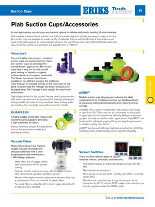 Visit us at eriks-techdirect.co.uk
FluidPower
95
Vacuum Filters
Plastic filters (shown) are made of
durable injection moulded nylon
and poly carbonate with a clear
sump/opaque head and feature a
1 MPa design pressure.
nn Metal filters are of rugged carbon
steel constructed with an enamel
coating
nn Features include a clamp-on cover with an easily removed
filter element and a positive seal Buna gasket
nn We also offer easily removed replacement elements featuring
a polyethylene 10-micron material for plastic filters
nn For metal filters, a polyester felt 5-micron paper element with
a material end is standard
Piab Suction Cups/Accessories
In most applications, suction cups are practical options for reliable and careful handling of most materials.
Piab supplies a diverse line of suction cups that can handle objects of virtually any weight, shape or surface.
Our suction cups are available in a wide variety of materials that can withstand extreme temperatures and
resist prolonged exposure to ozone and oily surfaces. The cup fittings offer many different thread options for
easy mounting. Suction cup diameters are available from 2–300mm.
DURAFLEX®
A highly durable and flexible material with
excellent sealing capability providing
a high coefficient of friction.
Various hardness, suitable for applications
such as the automotive market and
packaging industry.
piGRIP®
Modular suction cup allowing you to choose the ideal
combination of lip and bellow so lines can handle products
at previously unprecedented speeds while realising energy
savings.
Available with a range of independent lips, bellows and fittings
in sizes from 25–77mm and can be customised for thousands
of applications for full operational flexibility. Whereas traditional
grippers can only be used for select applications, the piGRIP®
can
be tailored to individual gripping, lifting and height requirements
to handle a variety of products.
piGRIP®
can be used with new machines as well as for retrofitting
existing systems, which extends use for long-term reliability.
Vacuum Switches
There are three different types of vacuum
switches: electric, pneumatic and electronic.
nn All switches feature an improved operating range of 5–95 –
kPa
nn The switches are dust-proof
nn They can be connected either normally open (NO) or normally
closed (NC)
nn The electronic switches have a long lifetime and can be
connected to a PLC unit (the PNP model) or the switches can
directly regulate a valve (the NPN) model
ValueLine®
The entire Value Line program consists of
suction cups and vacuum ejectors. Value
Line suction cups are developed for
standard/basic applications. The suction
cups have a long thin lip and provide
good sealing on slightly corrugated
surfaces (such as corrugated cardboard).
The Value Line vacuum ejectors are
available in two different designs, the traditional
inline that can be installed directly on the hose close to the
point of suction and the T-design that allows exhaust air to
be piped away. The T-design is also suitable for clean-room
environment.
Typical applications for this product line are case/carton erectors
with other examples such as equipment for loading/unloading or
sorting sheets into metal forming machines (laser cutting, water
jet, punching etc.) and parts removal from injection moulds.
Suction Cups
 