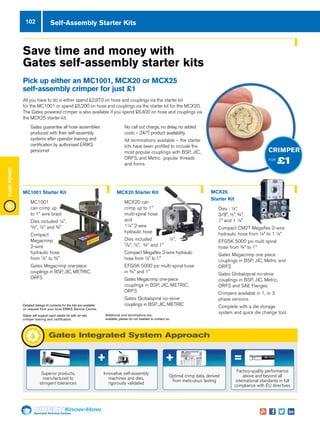 Specialist Technical Centres
Know-How
FluidPower
102
MC1001 Starter Kit
nn 	MC1001
can crimp up
to 1 wire braid
nn 	Dies included ¼,
3
/8, ½ and ¾
nn 	Compact
Megacrimp
2-wire
hydraulic hose
from ¼ to ¾
nn 	Gates Megacrimp one-piece
couplings in BSP, JIC, Metric,
ORFS
Save time and money with
Gates self-assembly starter kits
Pick up either an MC1001, MCX20 or MCX25
self-assembly crimper for just £1
All you have to do is either spend £2,970 on hose and couplings via the starter kit
for the MC1001 or spend £5,200 on hose and couplings via the starter kit for the MCX20.
The Gates powered crimper is also available if you spend £6,400 on hose and couplings via
the MCX25 starter kit.
MCX20 Starter Kit
nn 	MCX20 can
crimp up to 1
multi-spiral hose
and
1¼ 2-wire
hydraulic hose
nn 	Dies included ¼,
3
/8, ½, ¾ and 1
nn 	Compact Megaflex 2-wire hydraulic
hose from ¼ to 1
nn 	EFG5K 5000 psi multi-spiral hose
in ¾ and 1
nn 	Gates Megacrimp one-piece
couplings in BSP, JIC, Metric,
ORFS
nn 	Gates Globalspiral no-skive
couplings in BSP, JIC, MetricDetailed listings of contents for the kits are available
on request from your local Eriks Service Centre.
Gates will support each starter kit with on-site
crimper training and certification.
Additional end terminations are
available, please do not hesitate to contact us.
MCX25
Starter Kit
nn 	Dies : ¼”,
3/8”, ½”, ¾”,
1” and 1 ¼”
nn Compact CM2T Megaflex 2-wire
hydraulic hose from ¼” to 1 ¼”
nn EFG5K 5000 psi multi spiral
hose from ¾” to 1”
nn Gates Megacrimp one piece
couplings in BSP, JIC, Metric and
ORFS
nn Gates Globalspiral no-skive
couplings in BSP, JIC, Metric,
ORFS and SAE Flanges
nn Crimpers available in 1, or 3
phase versions
nn Complete with a die storage
system and quick die change tool.
nn 	Gates guarantee all hose assemblies
produced with their self-assembly
systems after operator training and
certification by authorised ERIKS
personnel
nn 	No call out charge, no delay, no added
costs – 24/7 product availability
nn All terminations available – the starter
kits have been profiled to include the
most popular couplings with BSP, JIC,
ORFS, and Metric popular threads
and forms
CRIMPER
FOR
£1
Gates Integrated System Approach
+ + =
Superior products,
manufactured to
stringent tolerances
Innovative self-assembly
machines and dies,
rigorously validated
Optimal crimp data, derived
from meticulous testing
Factory-quality performance
above and beyond all
international standards in full
compliance with EU directives
Self-Assembly Starter Kits
 