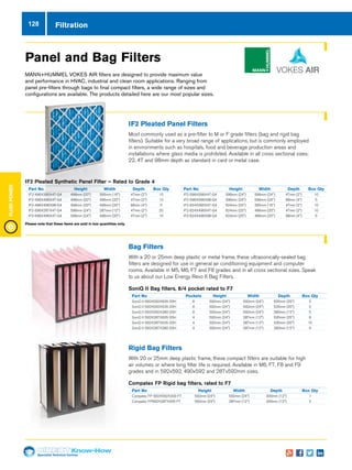 Specialist Technical Centres
Know-How
FluidPower
128 Filtration
Panel and Bag Filters
MANN+HUMMEL VOKES AIR filters are designed to provide maximum value
and performance in HVAC, industrial and clean room applications. Ranging from
panel pre-filters through bags to final compact filters, a wide range of sizes and
configurations are available. The products detailed here are our most popular sizes.
IF2 Pleated Panel Filters
Most commonly used as a pre-filter to M or F grade filters (bag and rigid bag
filters). Suitable for a very broad range of applications, but is commonly employed
in environments such as hospitals, food and beverage production areas and
installations where glass media is prohibited. Available in all cross sectional sizes;
22, 47 and 98mm depth as standard in card or metal case.
Rigid Bag Filters
With 20 or 25mm deep plastic frame, these compact filters are suitable for high
air volumes or where long filter life is required. Available in M6, F7, F8 and F9
grades and in 592x592, 490x592 and 287x592mm sizes.
Bag Filters
With a 20 or 25mm deep plastic or metal frame, these ultrasonically-sealed bag
filters are designed for use in general air conditioning equipment and computer
rooms. Available in M5, M6, F7 and F8 grades and in all cross sectional sizes. Speak
to us about our Low Energy Revo II Bag Filters.
Compatex FP Rigid bag filters, rated to F7
Part No	 Height	 Width	 Depth	 Box Qty
Compatex FP 592X592X300 F7	 592mm (24)	 592mm (24)	 300mm (12)	 1
Compatex FP592X287X300 F7	 592mm (24)	 287mm (12)	 300mm (12)	 2
SoniQ II Bag filters, 8/4 pocket rated to F7
Part No	 Pockets	 Height	 Width	 Depth	 Box Qty
SoniQ II 592X592X635-20H 	 8	 592mm (24)	 592mm (24)	 635mm (25)	 5
SoniQ II 592X592X535-20H 	 8	 592mm (24)	 592mm (24)	 535mm (20)	 5
SoniQ II 592X592X380-20H 	 8	 592mm (24)	 592mm (24)	 380mm (15)	 5
SoniQ II 592X287X635-20H 	 4	 592mm (24)	 287mm (12)	 635mm (25)	 8
SoniQ II 592X287X535-20H 	 4	 592mm (24)	 287mm (12)	 535mm (20)	 10
SoniQ II 592X287X380-20H 	 4	 592mm (24)	 287mm (12)	 380mm (15)	 9
Please note that these items are sold in box quantities only.
IF2 Pleated Synthetic Panel Filter – Rated to Grade 4
Part No	 Height 	 Width 	 Depth 	 Box Qty
IF2-496X395X47-G4	 496mm (20) 	 395mm (16) 	 47mm (2) 	 10
IF2-496X496X47-G4	 496mm (20) 	 496mm (20) 	 47mm (2) 	 10
IF2-496X496X98-G4	 496mm (20) 	 496mm (20) 	 98mm (4) 	 5
IF2-596X287X47-G4	 596mm (24) 	 287mm (12) 	 47mm (2) 	 20
IF2-596X496X47-G4	 596mm (24) 	 496mm (20) 	 47mm (2) 	 10
Part No	 Height 	 Width 	 Depth 	 Box Qty
IF2-596X596X47-G4	 596mm (24) 	 596mm (24) 	 47mm (2) 	 10
IF2-596X596X98-G4	 596mm (24) 	 596mm (24) 	 98mm (4) 	 5
IF2-624X395X47-G4	 624mm (25) 	 395mm (16) 	 47mm (2) 	 10
IF2-624X496X47-G4	 624mm (25) 	 496mm (20) 	 47mm (2) 	 10
IF2-624X496X98-G4	 624mm (25) 	 496mm (20) 	 98mm (4) 	 5
 