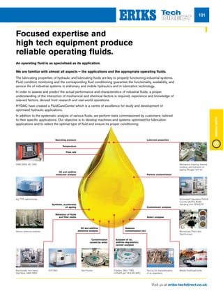 Visit us at eriks-techdirect.co.uk
FluidPower
131
Focused expertise and
high tech equipment produce
reliable operating fluids.
An operating fluid is as specialised as its application.
We are familiar with almost all aspects – the applications and the appropriate operating fluids.
The lubricating properties of hydraulic and lubricating fluids are key to properly functioning industrial systems.
Fluid condition monitoring and the corresponding fluid conditioning guarantee the functionality, availability, and
service life of industrial systems in stationary and mobile hydraulics and in lubrication technology.
In order to assess and predict the actual performance and characteristics of industrial fluids, a proper
understanding of the interaction of mechanical and chemical factors is required, experience and knowledge of
relevant factors, derived from research and real-world operations.
HYDAC have created a FluidCareCenter which is a centre of excellence for study and development of
optimised hydraulic applications.
In addition to the systematic analysis of various fluids, we perform tests commissioned by customers, tailored
to their specific applications. Our objective is to develop machines and systems optimised for lubrication
applications and to select the optimal type of fluid and ensure its proper conditioning.
HMG 3000, AS 1000
e.g. FTIR spectroscopy
Various chemical analyses
Electrostatic test stand,
Stat-Stick, HMG 3000
ICP-OES Karl Fischer Titration: TAN / TBN,
HYDACLab®
, RULER, MPC
Test rig for characterisation
of air separators
Mobile FluidCareCenter
Microscope, Patch test,
Spectroscopy
Automated Laboratory Particle
Counter (ALPC), Bottle
Sampling Unit, SEM-EDX
Mechanical shearing, thermal,
oxidative and hydrolytic oil
ageing, Brugger test etc.
Operating pressure
Temperature
Flow rate
Lubricant properties
Particle contamination
Contaminant analyses
Select analyses
Gaseous
contamination (air)
Analyses of oil,
additive degradation,
varnish analyses
Contamination
caused by water
Oil and additive
elemental analysis
Behaviour of fluids
and filter media
Synthetic, accelerated
oil ageing
Oil and additive
molecular analysis
 
