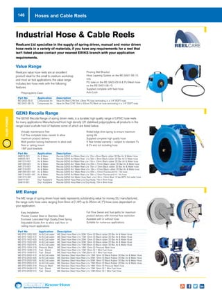 Specialist Technical Centres
Know-How
FluidPower
146
Industrial Hose  Cable Reels
Reelcare Ltd specialise in the supply of spring driven, manual and motor driven
hose reels in a variety of materials, if you have any requirements for a reel that
isn’t listed please contact your nearest ERIKS branch with your application
requirements.
Value Range
Part No	 Application	 Description
RE-SA02-05-9	 Compressed Air	 Value Air Reel C/W 9mt x 8mm PU tube terminating in a 1/4” BSPT male
RE-SA01-06-15	 Compressed Air	 Value Air Reel C/W 15mt x 9.5mm PU Mesh air hose terminating in a 1/4” BSPT male
Part No	 Application	 Description
AW815-001	 Air  Water	 Recoila GEN3 Air/Water Reel c/w 15m x 8mm Black rubber 20 Bar Air  Water Hose
AW820-001	 Air  Water	 Recoila GEN3 Air/Water Reel c/w 20m x 8mm Black rubber 20 Bar Air  Water hose
AW1015-001	 Air  Water	 Recoila GEN3 Air/Water Ree c/w 15m x 10mm Black rubber 20 Bar Air  Water hose
AW1020-001	 Air  Water	 Recoila GEN3 Air/ Water Reel c/w 20m x 10mm Black rubber 20 Bar Air  Water hose
AW1215-001	 Air  Water	 Recoila GEN3 Air/Water Reel c/w 15m x 12mm Black rubber 20 Bar Air  Water hose
AW1218-001	 Air  Water	 Recoila GEN3 Air/ Water Reel c/w 18m x 12mm Black rubber 20 Bar Air  Water hose
AW1020-001-HV	 Air  Water	 Recoila GEN3 Air/ Water Reel c/w 20m x 10mm Fluorescent Hi - Vis hose
AW1218-001-HV	 Air  Water	 Recoila GEN3 Air/Water Reel c/w 18m x 12mm Fluorescent Hi - Vis hose
HW1215-001	 Hot Water	 Recoila GEN3 Hot Water Hose Reel c/w 15m x 12mm Blue 10 bar 80°C hot water hose
OA615-001	 Oxy/ Acetylene	 Recoila GEN3 Hose Reel c/w Oxy/Acety 15m x 6mm hose
OA815-001	 Oxy/ Acetylene	 Recoila GEN3 Hose Reel c/w Oxy/Acety 15m x 8mm hose
Part No	 Application	 Description
ME-070-1302-320	 Air  Cold water	 ME Steel Hose Reel c/w 20M 10mm ID Black rubber 20 Bar Air  Water Hose
ME-070-1302-415	 Air  Cold water	 ME Steel Hose Reel c/w 15M 12mm ID Black rubber 20 Bar Air  Water Hose
ME-070-1402-425	 Air  Cold water	 ME Steel Hose Reel c/w 25M 12mm ID Black rubber 20 Bar Air  Water Hose
ME-070-1502-520	 Air  Cold water	 ME Steel Hose Reel c/w 20M 19mm ID Black rubber 20 Bar Air  Water Hose
ME-070-1502-615	 Air  Cold water	 ME Steel Hose Reel c/w 15M 25mm ID Black rubber 20 Bar Air  Water Hose
ME-070-1304-318	 Pressure Wash	 ME Steel Hose Reel c/w 18M 10mm ID Pressure Wash hose
ME-070-1408-515	 Fuel - Diesel	 ME Steel Hose Reel c/w 15M 19mm ID 1 Wire Fuel Hose
ME-070-1408-610	 Fuel - Diesel	 ME Steel Hose Reel c/w 10M 25mm ID 1 Wire Fuel Hose
ME-070-2302-415	 Air  Cold water	 ME Stainless Steel Hose Reel c/w 15M 12mm ID Black Rubber 20 Bar Air  Water Hose
ME-070-2402-425	 Air  Cold water	 ME Stainless Steel Hose Reel c/w 25M 12mm ID Black Rubber 20 Bar Air  Water Hose
ME-070-2502-520	 Air  Cold water	 ME Stainless Steel Hose Reel c/w 20M 19mm ID Black Rubber 20 Bar Air  Water Hose
ME-070-2502-615	 Air  Cold water	 ME Stainless Steel Hose Reel c/w 15M 25mm ID Black Rubber 20 Bar Air  Water Hose
ME-070-2305-318	 Pressure Wash	 ME Stainless Steel Hose Reel c/w 18M 10mm ID Pressure Wash hose
ME-070-2408-515	 Fuel - Diesel	 ME Stainless Steel Hose Reel c/w 15M 19mm ID 1 Wire Fuel Hose
ME-070-2408-610	 Fuel - Diesel	 ME Stainless Steel Hose Reel c/w 10M 25mm ID 1 Wire Fuel Hose
Reelcare value hose reels are an excellent
product ideal for the small to medium workshop
and most air tool applications, the value range
includes two hose reels with the following
features
nn Polypropylene Case
nn Pivoting Wall Bracket
nn Hose Layering System on the RE-SA01-06-15
only
nn PU tube on the RE-SA02-05-9  PU Mesh hose
on the RE-SA01-06-15
nn Supplied complete with feed hose
nn Auto Lock
GEN3 Recoila Range
The GEN3 Recoila Range of spring driven reels, is a durable, high quality range of UPVC hose reels
for many applications. Manufactured from high density UV stabilised polypropylene, all products in the
range boast a whole host of features some of which are listed below.
nn Virtually maintenance free
nn Full flow complete brass swivels to allow
maximum product delivery
nn Multi position locking mechanism to allow wall,
floor or ceiling mount
nn 160º pivot brackets
nn Rolled edge drive spring to ensure maximum
spring life
nn Supplied complete high quality hose
nn 5 Year limited warranty – subject to standard T’s
 C’s and not including hose
ME Range
The ME range of spring driven hose reels represents outstanding value for money. EU manufactured,
the range suits hose sizes ranging from 6mm id (1/4”) up to 25mm id (1”) hose sizes dependant on
your application.
nn 	Easy Installation
nn Powder Coated Steel or Stainless Steel
nn 	Enclosed Lubricated High Quality Drive Spring
nn 	Adjustable Guide Arm to allow wall, floor or
ceiling mount applications
nn 	Full Flow Swivel and fluid paths for maximum
product delivery with minimal flow restriction
nn 	Available with or without hose
nn 	Suitable for numerous applications
Hoses and Cable Reels
 