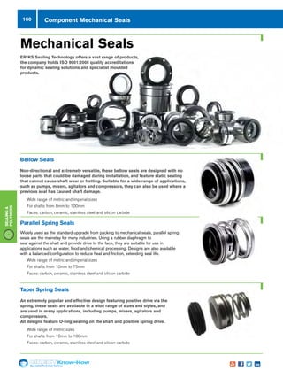 160
Specialist Technical Centres
Know-How
Sealing
Polymers
Component Mechanical Seals
Mechanical Seals
ERIKS Sealing Technology offers a vast range of products,
the company holds ISO 9001:2008 quality accreditations
for dynamic sealing solutions and specialist moulded
products.
Taper Spring Seals
An extremely popular and effective design featuring positive drive via the
spring, these seals are available in a wide range of sizes and styles, and
are used in many applications, including pumps, mixers, agitators and
compressors.
All designs feature O-ring sealing on the shaft and positive spring drive.
nn Wide range of metric sizes
nn For shafts from 10mm to 100mm
nn Faces: carbon, ceramic, stainless steel and silicon carbide
Bellow Seals
Non-directional and extremely versatile, these bellow seals are designed with no
loose parts that could be damaged during installation, and feature static sealing
that cannot cause shaft wear or fretting. Suitable for a wide range of applications,
such as pumps, mixers, agitators and compressors, they can also be used where a
previous seal has caused shaft damage.
nn Wide range of metric and imperial sizes
nn For shafts from 8mm to 100mm
nn Faces: carbon, ceramic, stainless steel and silicon carbide
Parallel Spring Seals
Widely used as the standard upgrade from packing to mechanical seals, parallel spring
seals are the mainstay for many industries. Using a rubber diaphragm to
seal against the shaft and provide drive to the face, they are suitable for use in
applications such as water, food and chemical processing. Designs are also available
with a balanced configuration to reduce heat and friction, extending seal life.
nn Wide range of metric and imperial sizes
nn For shafts from 10mm to 75mm
nn Faces: carbon, ceramic, stainless steel and silicon carbide
 