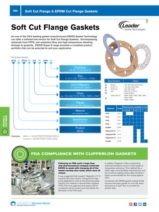 164
Specialist Technical Centres
Know-How
Sealing
Polymers
Soft Cut Flange  EPDM Cut Flange Gaskets
SCG A
Size
(1 ¼” = 125 1000mm = 1000)
Class
eg. 150, 600, PN16, PN40 , TABE or TABF
Flange
FF=Full Face RF =Raised Face
Material
see selection chart
Specification
A, B, C, D or E
Product
SCG
PT20 FF 150 M
Soft Cut Flange Gaskets
As one of the UK’s leading gasket manufacturers ERIKS Gasket Technology
can offer a tailored fast service for Soft Cut Flange Gaskets. Encompassing
materials from PTFE, non-asbestos fibre and high temperature sheeting
through to graphite, ERIKS Super 8 range provides a complete product
portfolio that can be selected to suit your application
Specification Class
A
B
C
D
E
B16.21
B16.47 A
B16.47 B
DIN
TABLE/BS10
150, 300, 600, 900 1500
150, 300, 600  900
150, 300  600
PN6, PN10, PN16,
PN25  PN40
TABA, TABD, TABE, TABF, TABH
TABJ, TABK,
TABR  TABS
Part Number Identifier
Thickness
05, 08, 10, 15, 20  30
1000
Example: 	 Metric = SCGDPT60FFPN25M100015
	Imperial = SCGAPT20RF1500I12530
Unit of Measure
I = Imperial M = Metric
05
In addition Clipperlon offers outstanding
chemical resistance across a wide range of
temperature extremes. This material has a
rather high compressibility characteristics and
low minimum seating stress value, therefore
highly recommended for low torque applica-
tions.
Combined with ERIKS gasket cutting facility
ensures that each gasket is cut to the exact
dimensions of each door to provide the
perfect seal.
Following an FDA audit a large blue-
chip pharmaceutical company contacted
ERIKS to assist with changing all of the
vessel manway door seals, which were all
unique.
It was suggested that Leader’s Clipperlon 2115
would be the best solution. Designed for high
purity applications such as the pharmaceutical
industry, the material is natural white modified
PTFE, free from pigments and meets USP-6
compliance which would more that satisfy the
demands of the FDA audit.
FDA COMPLIANCE WITH CLIPPERLON GASKETS
Material Code
Thicknesses available in mm
0.5 0.8 1 1.5 2 3 4
PT20 PT20
PT30 PT30
PT50 PT50
PT60 PT60
Egraflex EGRA
Clipperlon2110 C211
Clipperlon2100 C210
Clipperlon2115 C215
Flowtite FLOW
 